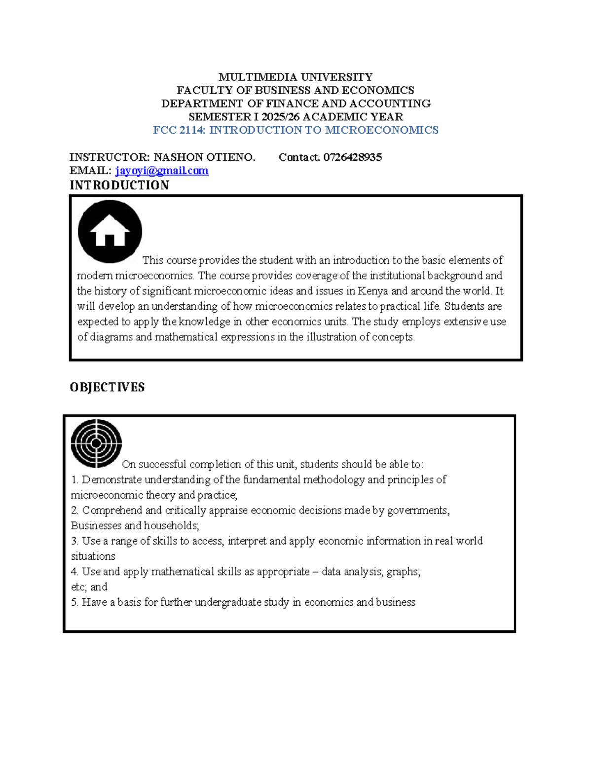 FCC 2114: Introduction to Microeconomics Course Outline - Studocu