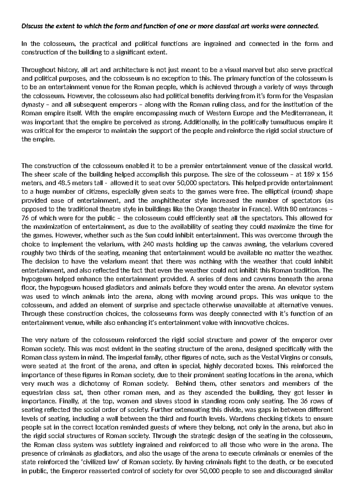 Colosseum Essay: Exploring Form and Function in Classical Art - Studocu