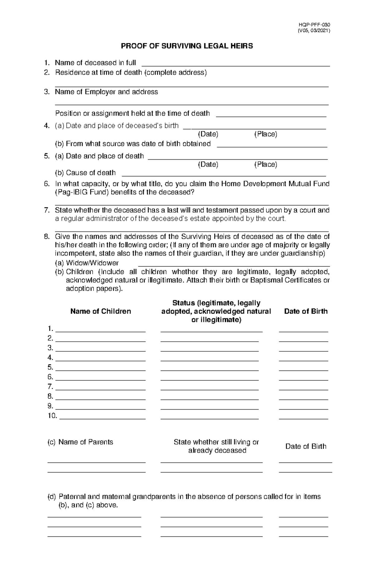 PFF030 Proof of Surviving Legal Heirs - V05 Document Guide - Studocu
