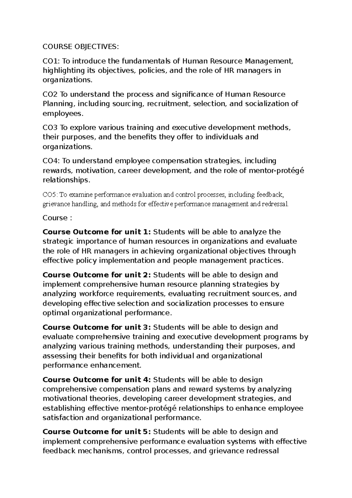 HRM Course Objectives and Outcomes: A Comprehensive Overview - Studocu