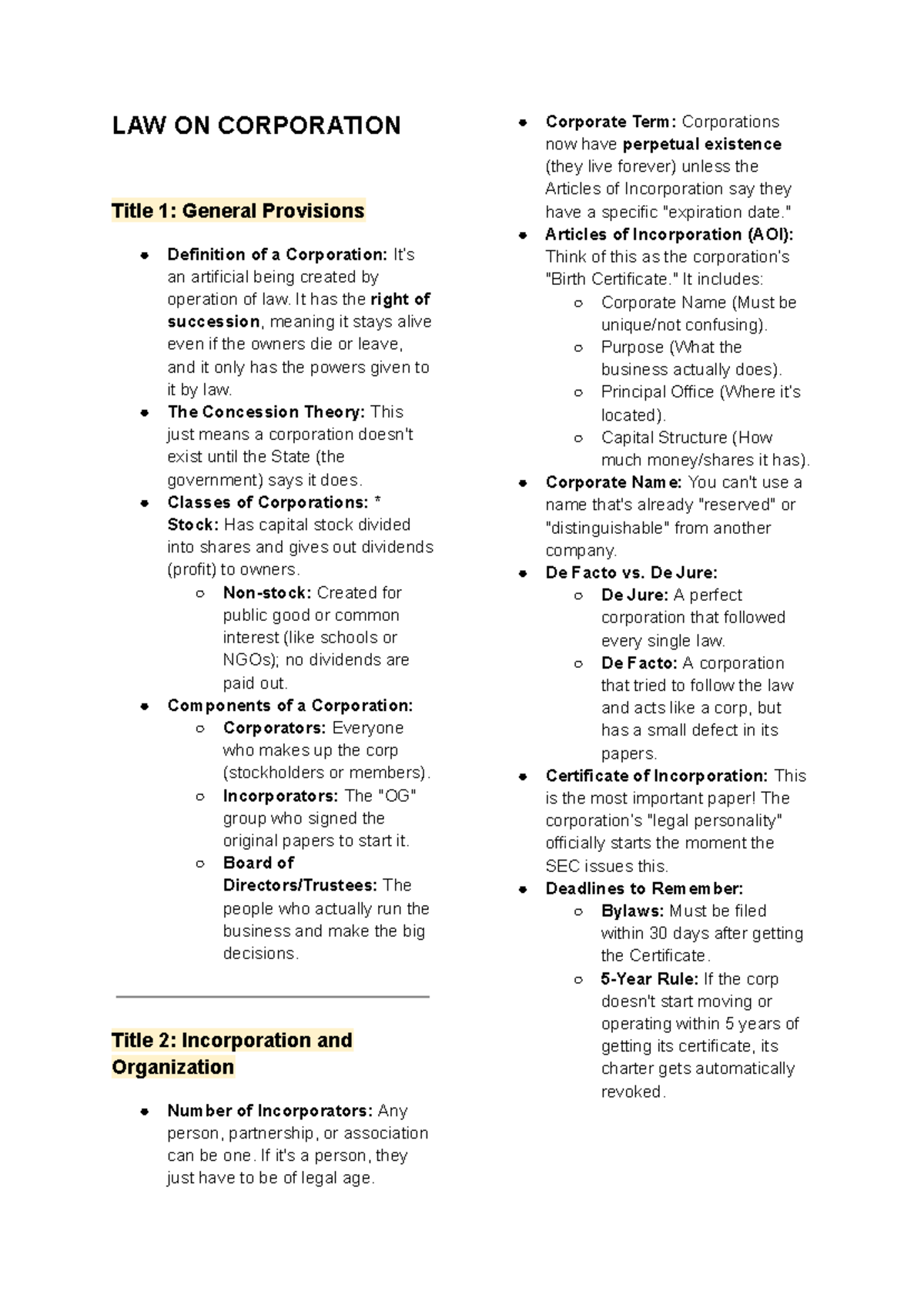 LAW ON CORPORATION: Comprehensive Reviewer for Legal Studies - Studocu