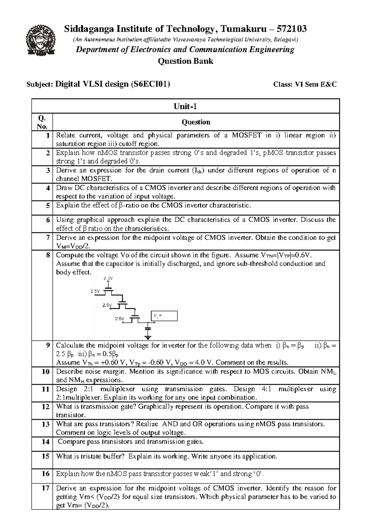 Digital VLSI Design Question Bank (S6ECI01) for E&C Engineering - VI ...