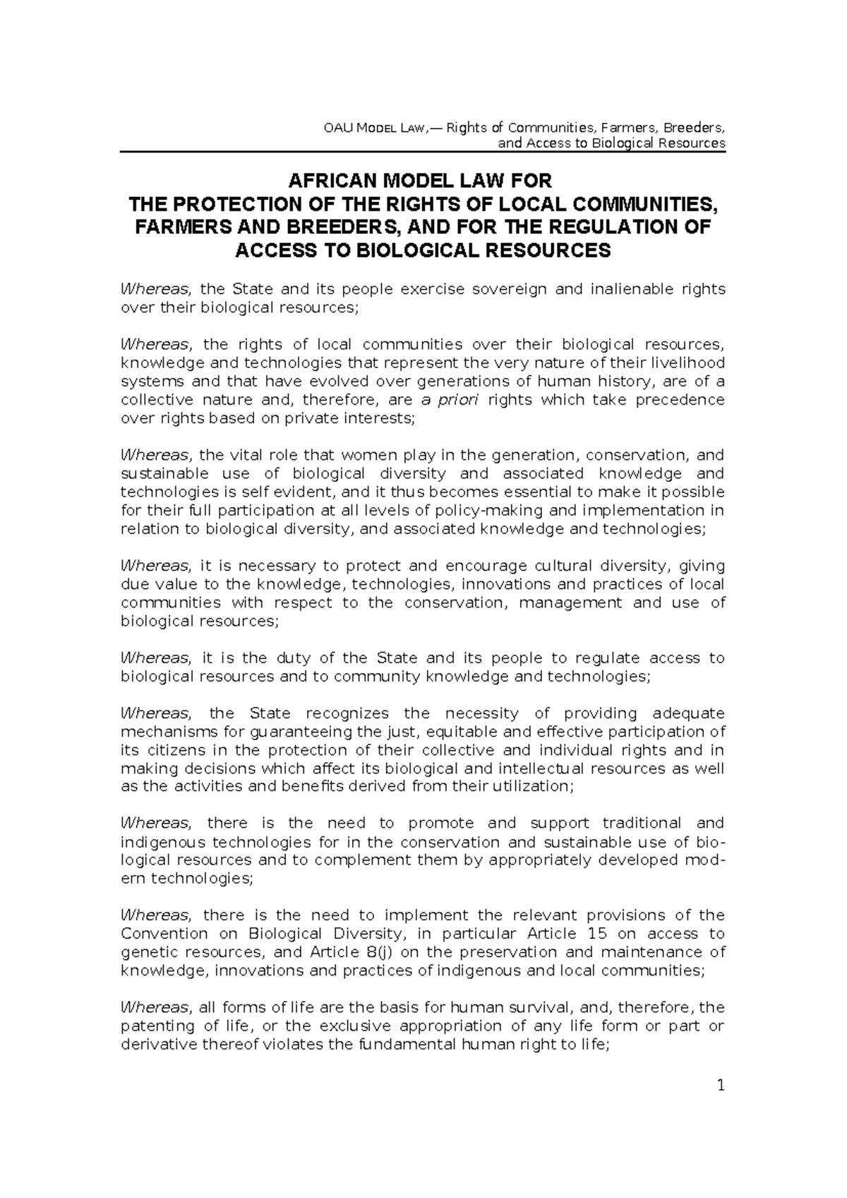 OAU Model Law: Protecting Local Community Rights & Access to Biological ...