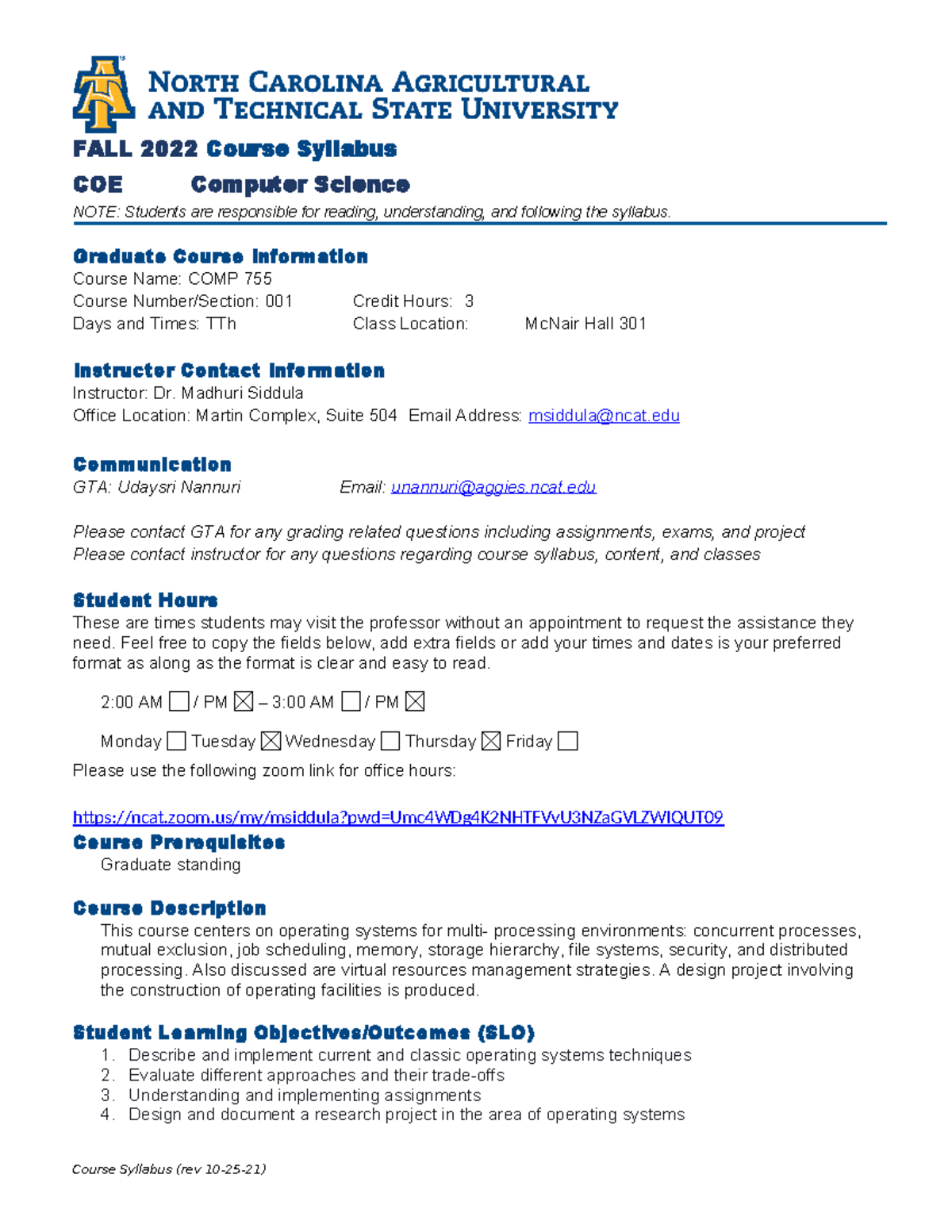 COMP 755Syllabus - FALL 2022 Course Syllabus COE Computer Science NOTE ...