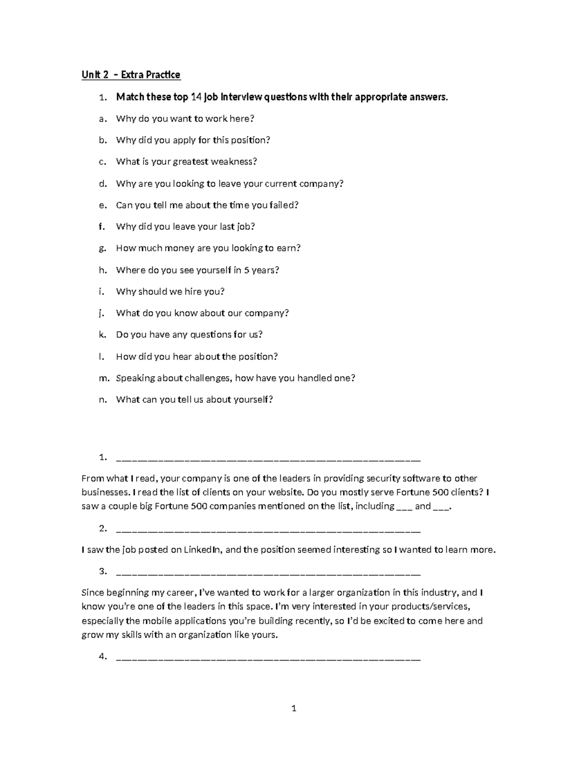 Unit 2 Extra Practice Key: Job Interview Questions & Answers - Studocu