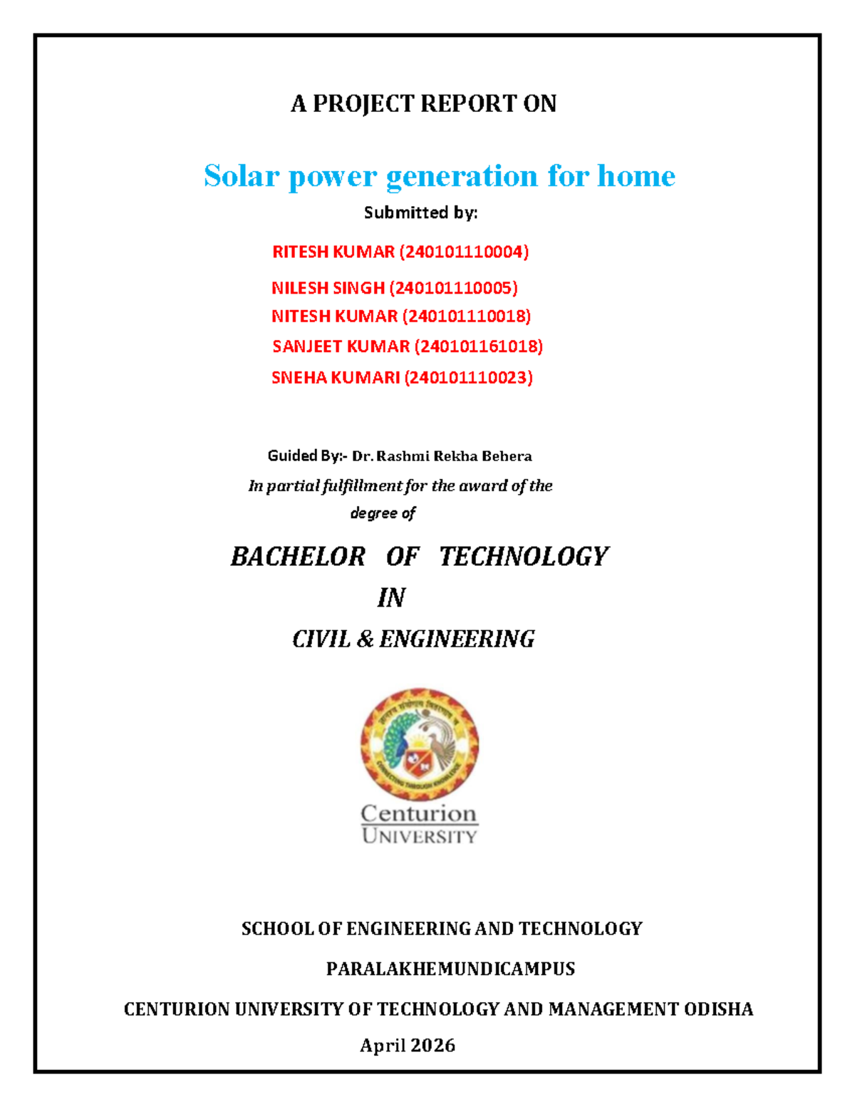 B.Tech Project Report: Solar Power Generation for Home (CIVIL ...