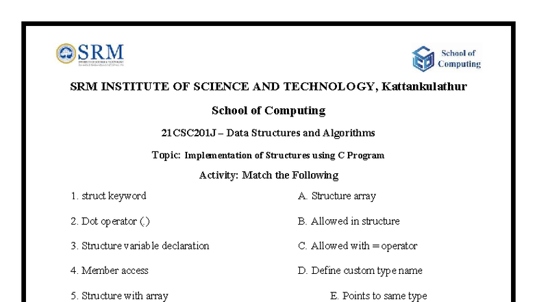 21CSC201J Data Structures & Algorithms: Structs Matching Activity - Studocu