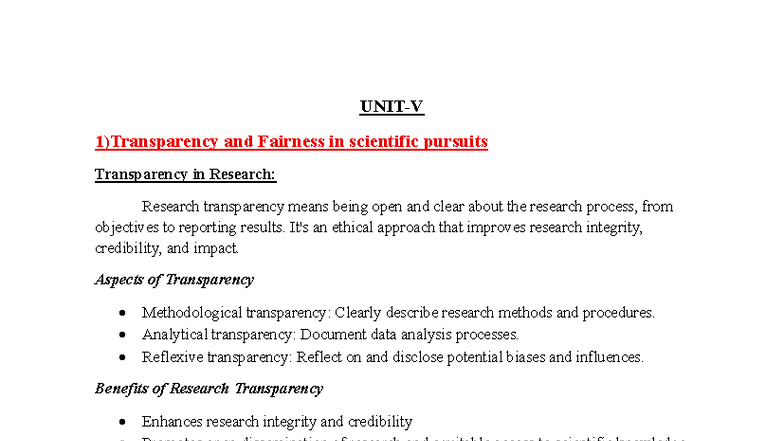 Unit-V: Transparency and Fairness in Scientific Research - Studocu