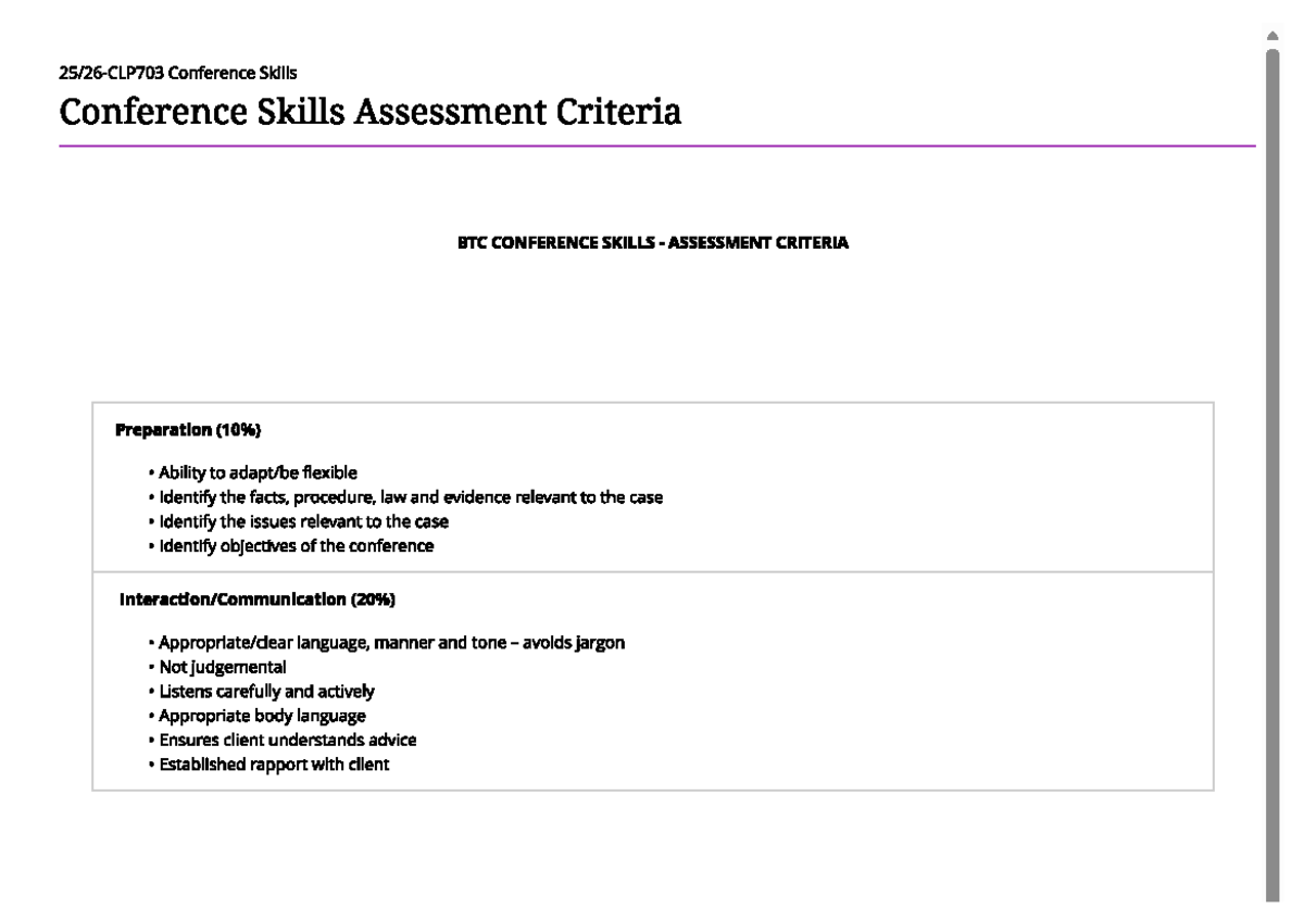 BTC Conference Skills - Assessment Criteria Overview - Studocu