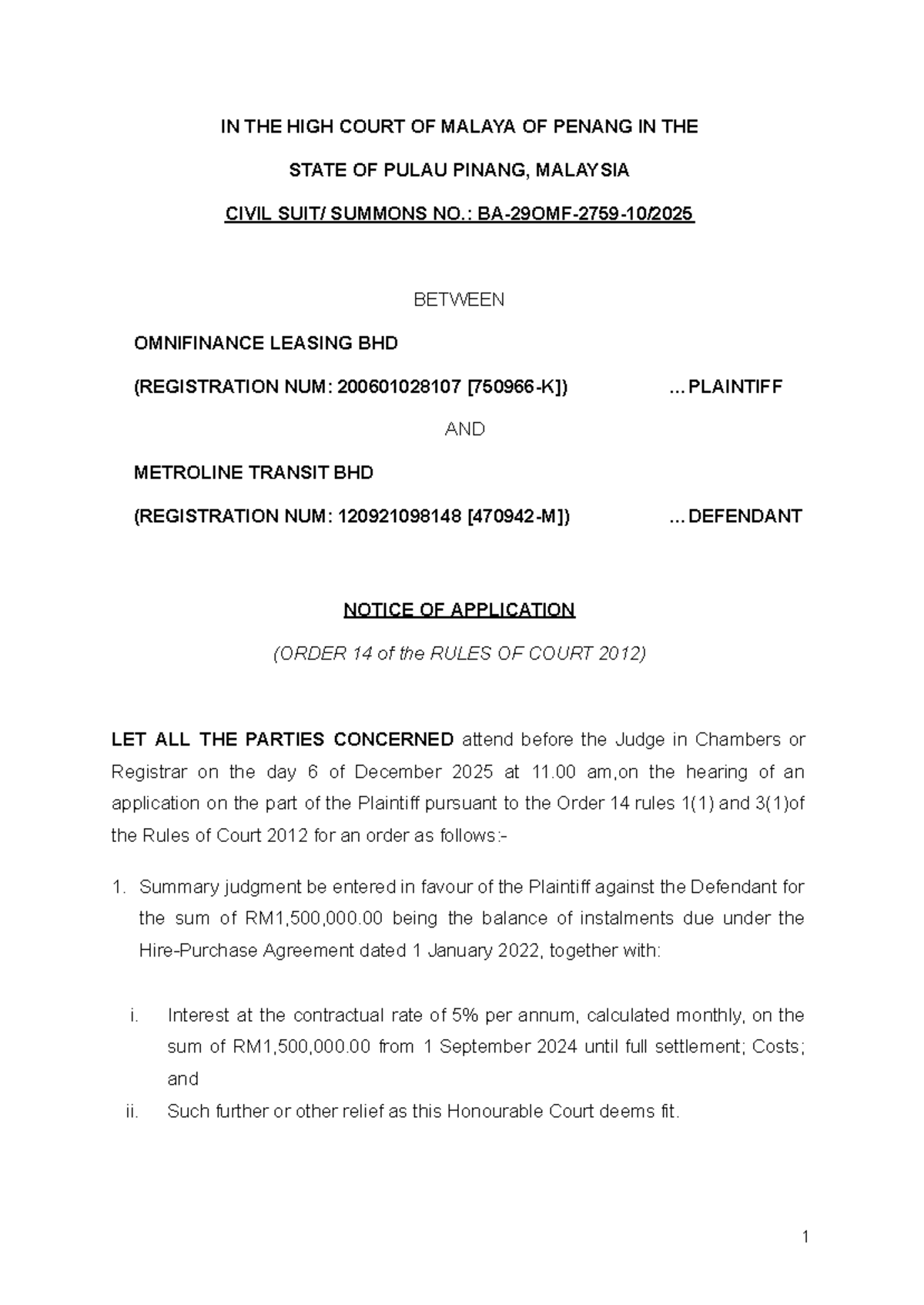 Civil Summons No. - Notice of Application for Summary Judgment - Studocu