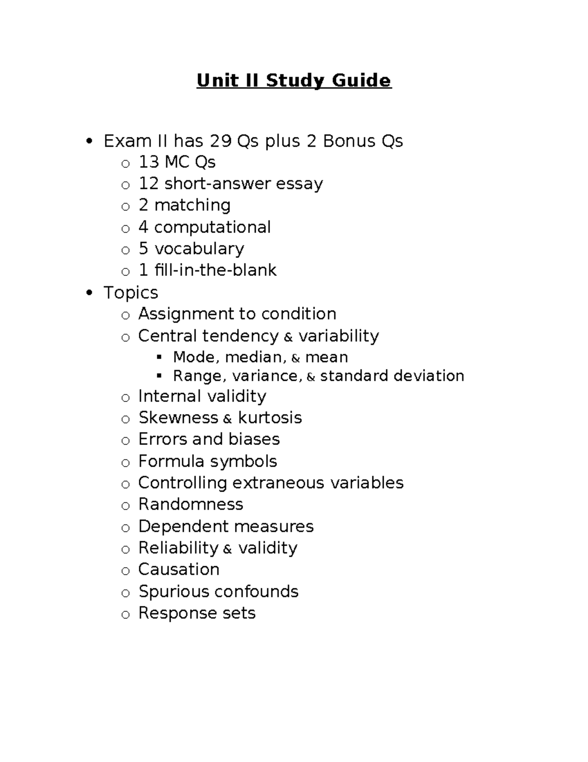 Unit II Study Guide for Exam II: Stats & Research Methods - Unit II ...