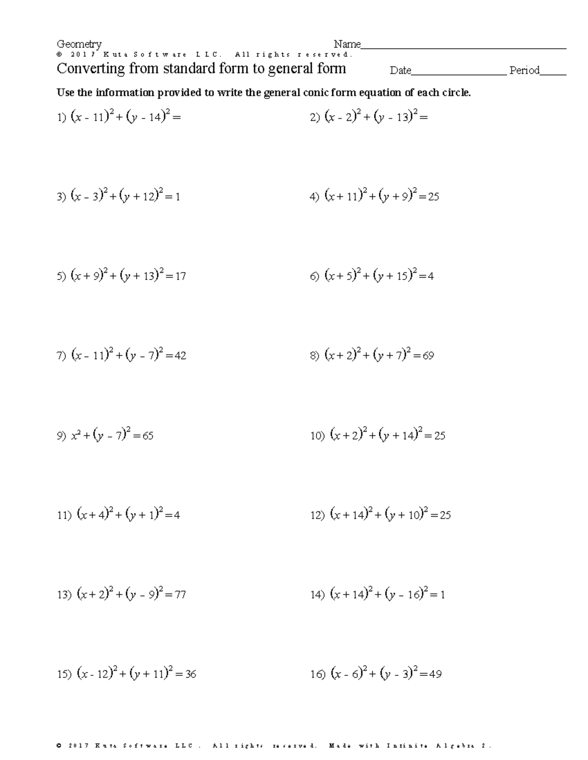 PRE-CAL - Circle Equations: Standard to General Form Practice - Studocu