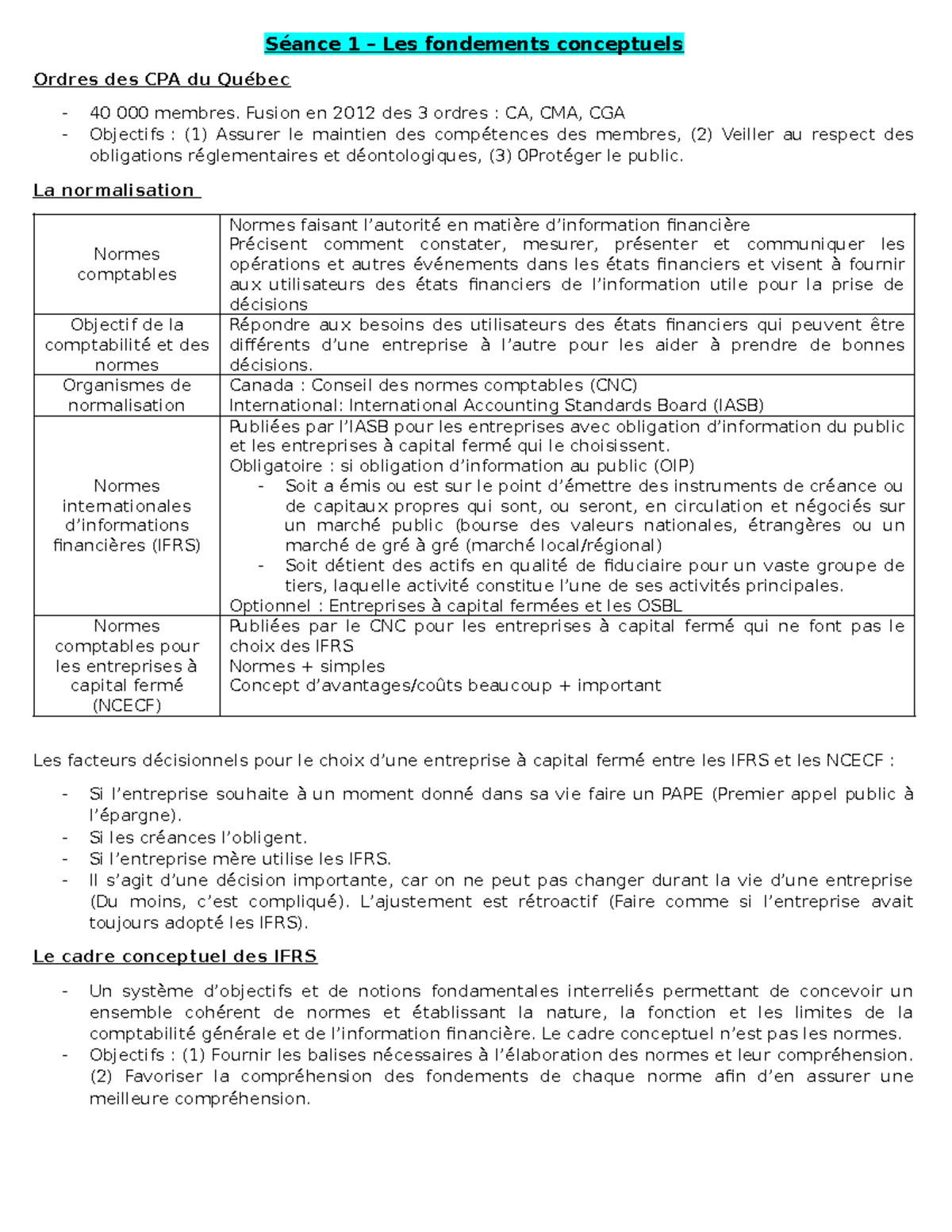 Notes de cours - Examen Intra CPA 40 - Fondements Conceptuels et Normes ...