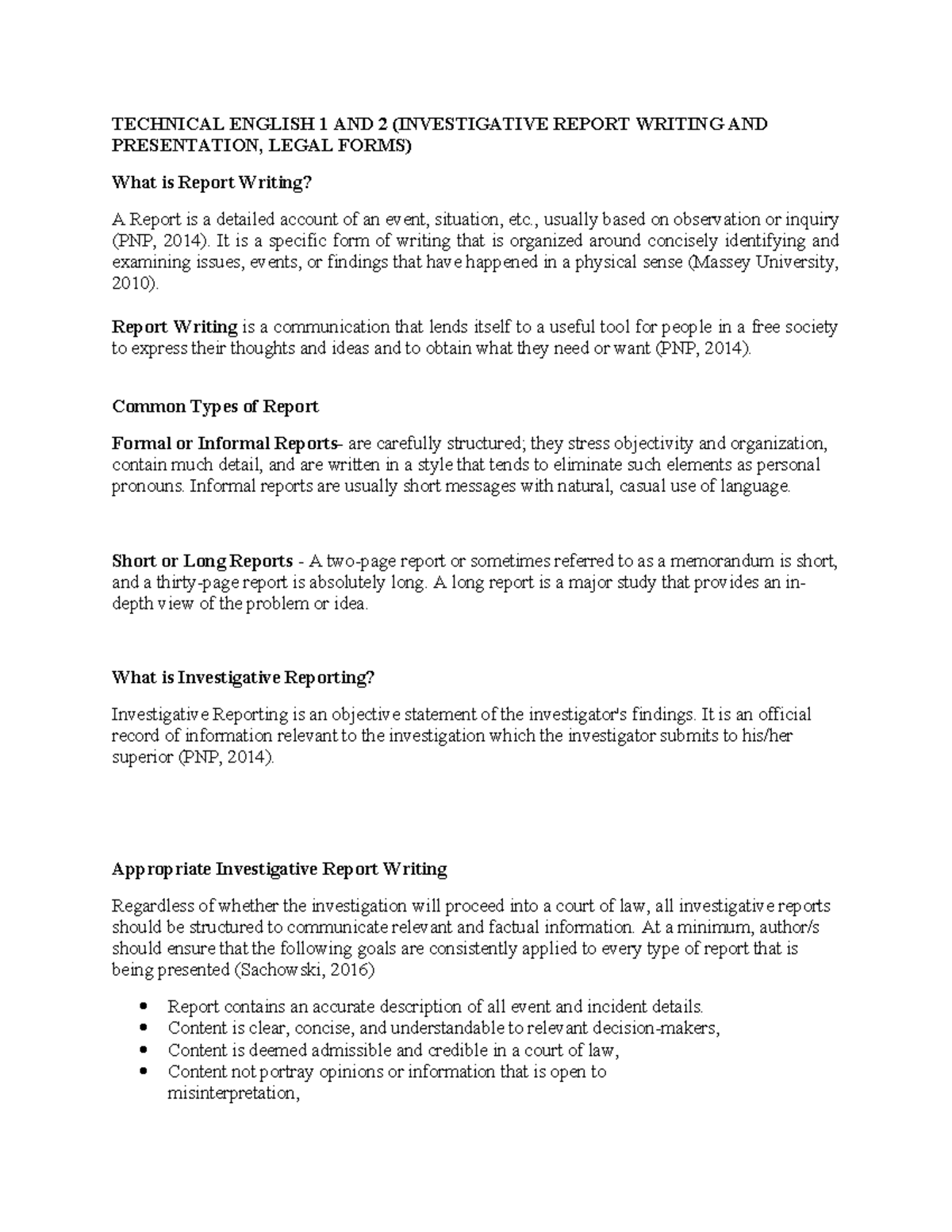 TECH-ENG 1&2: Notes on Investigative Report Writing & Legal Forms - Studocu