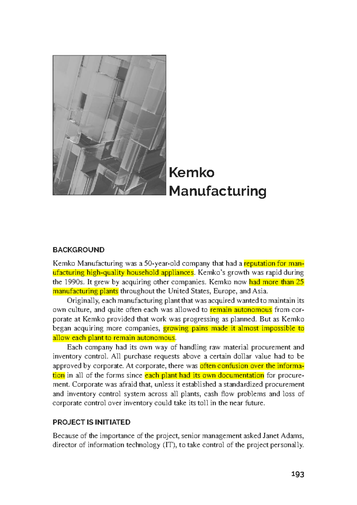 Kemko Manufacturing Project Management Case Study (QDA 3) - Studocu