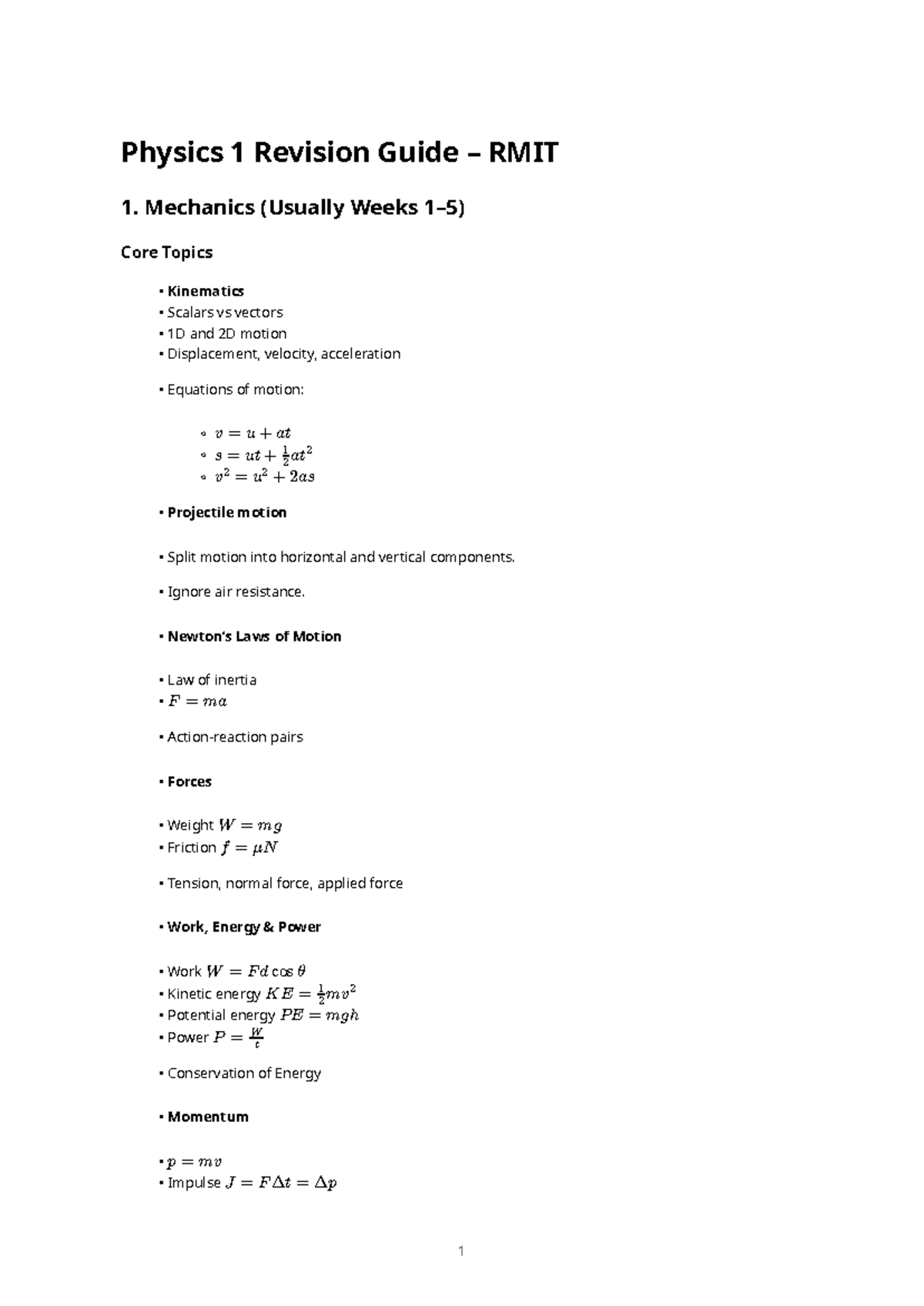 Physics 1 Revision Guide RMIT: Mechanics for First Test - Studocu