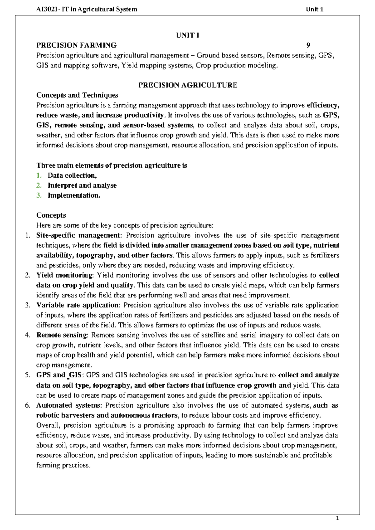IT in Agricultural System: Unit 1 - Precision Farming Techniques and ...