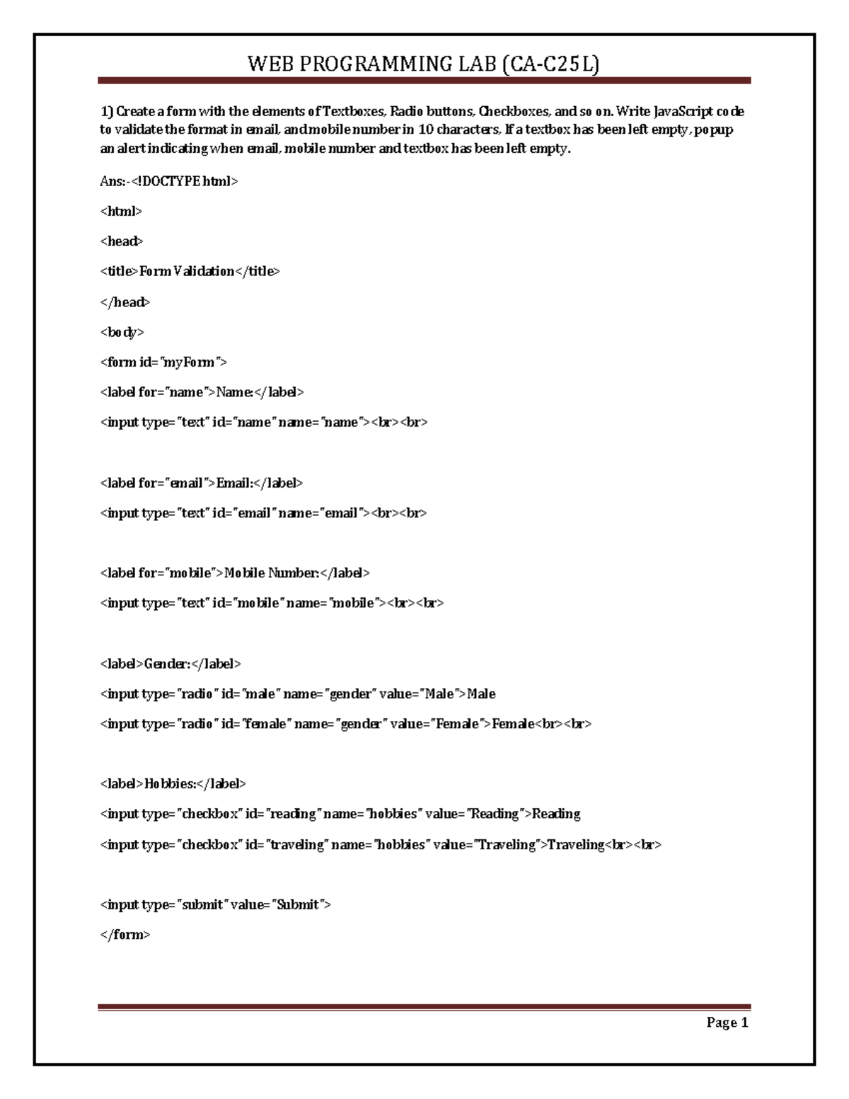 Web Programming Lab Manual: Practical Exercises and Code Examples - Studocu