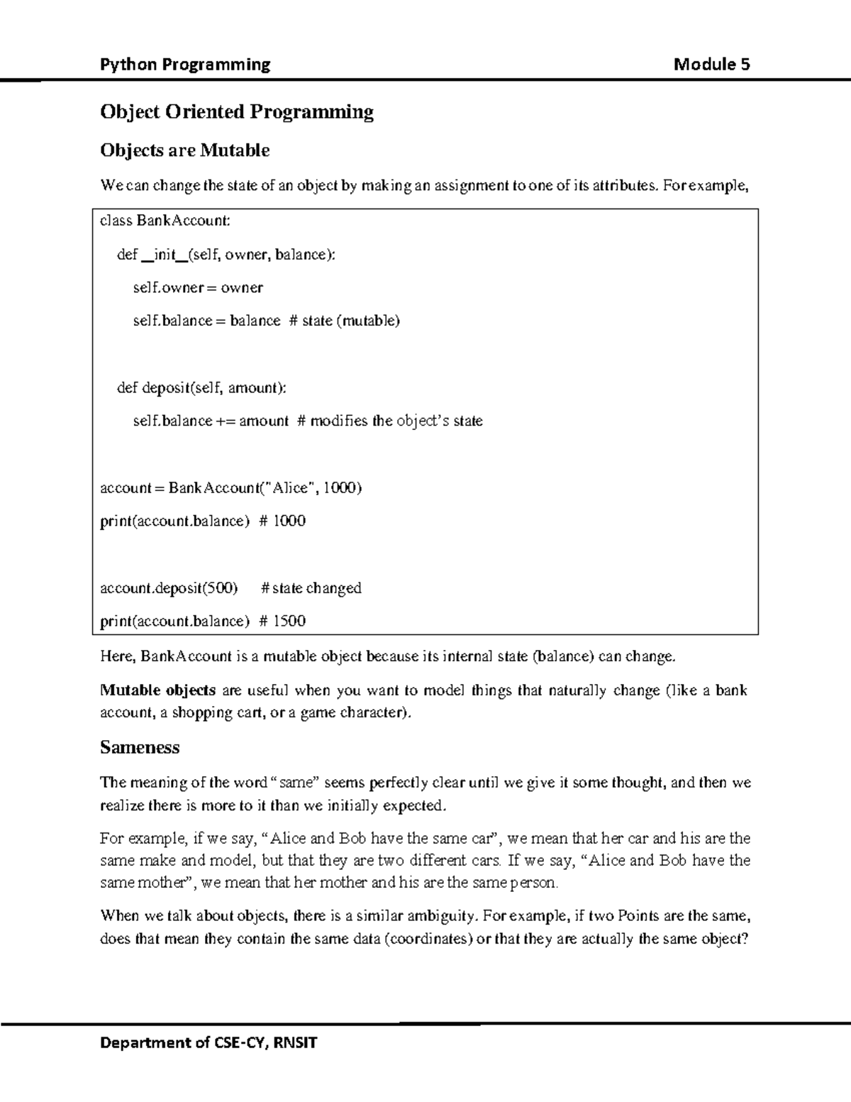Module 5 Python Programming Notes: Object-Oriented Concepts - Studocu