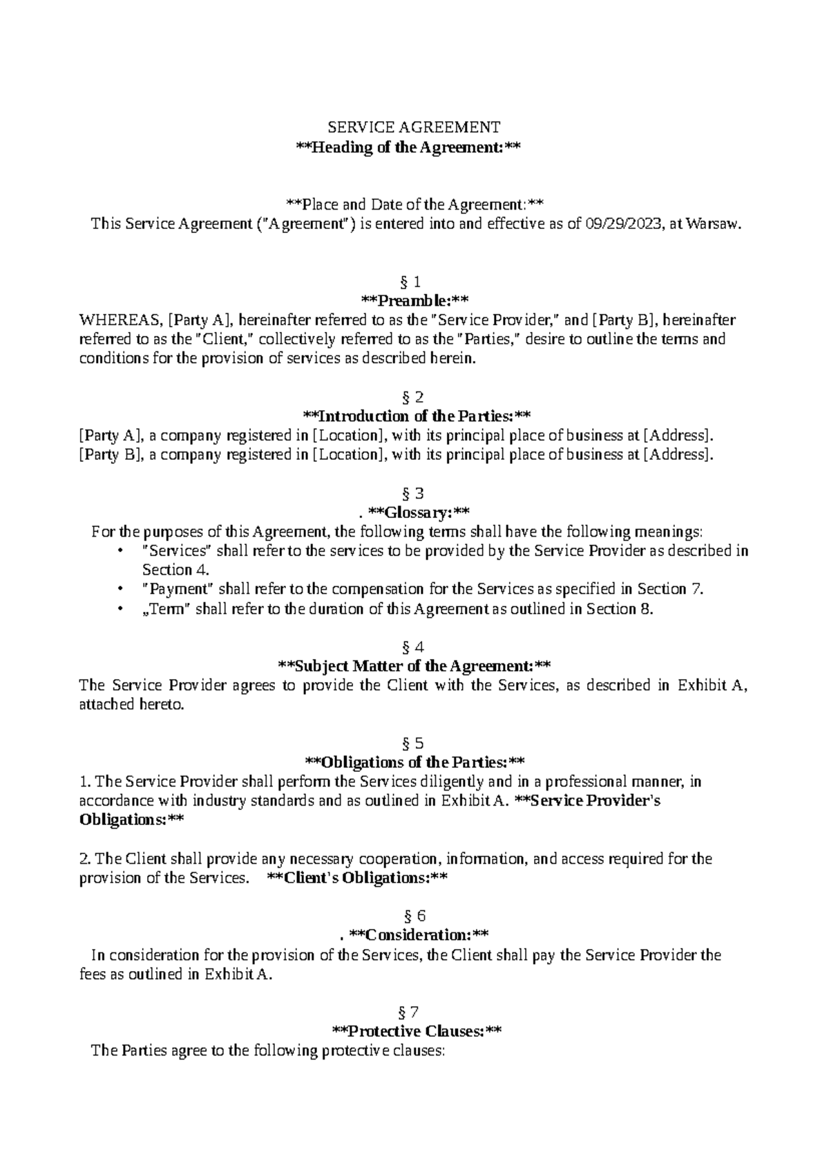 Example of contract structure - SERVICE AGREEMENT Heading of the ...