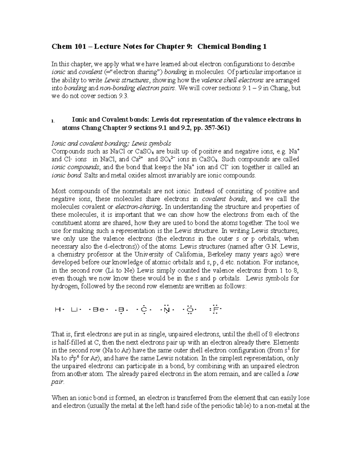 Chem 101 Chapter 9: Lecture Notes on Chemical Bonding - Studocu
