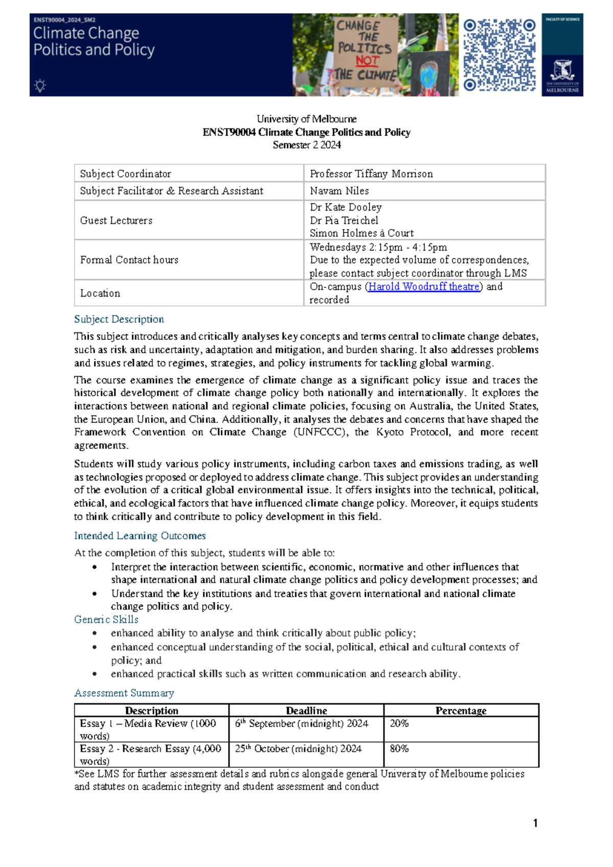 ENST90004 - Syllabus - 2024 - University of Melbourne ENST90004 Climate ...