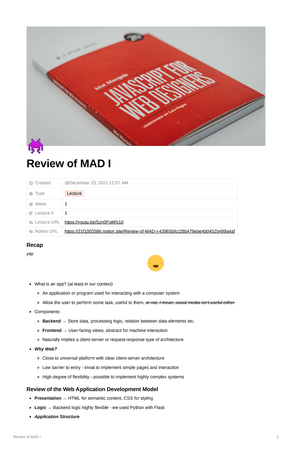 Week 1 Lecture Notes for MAD2: Introduction to Web Apps and JavaScript ...