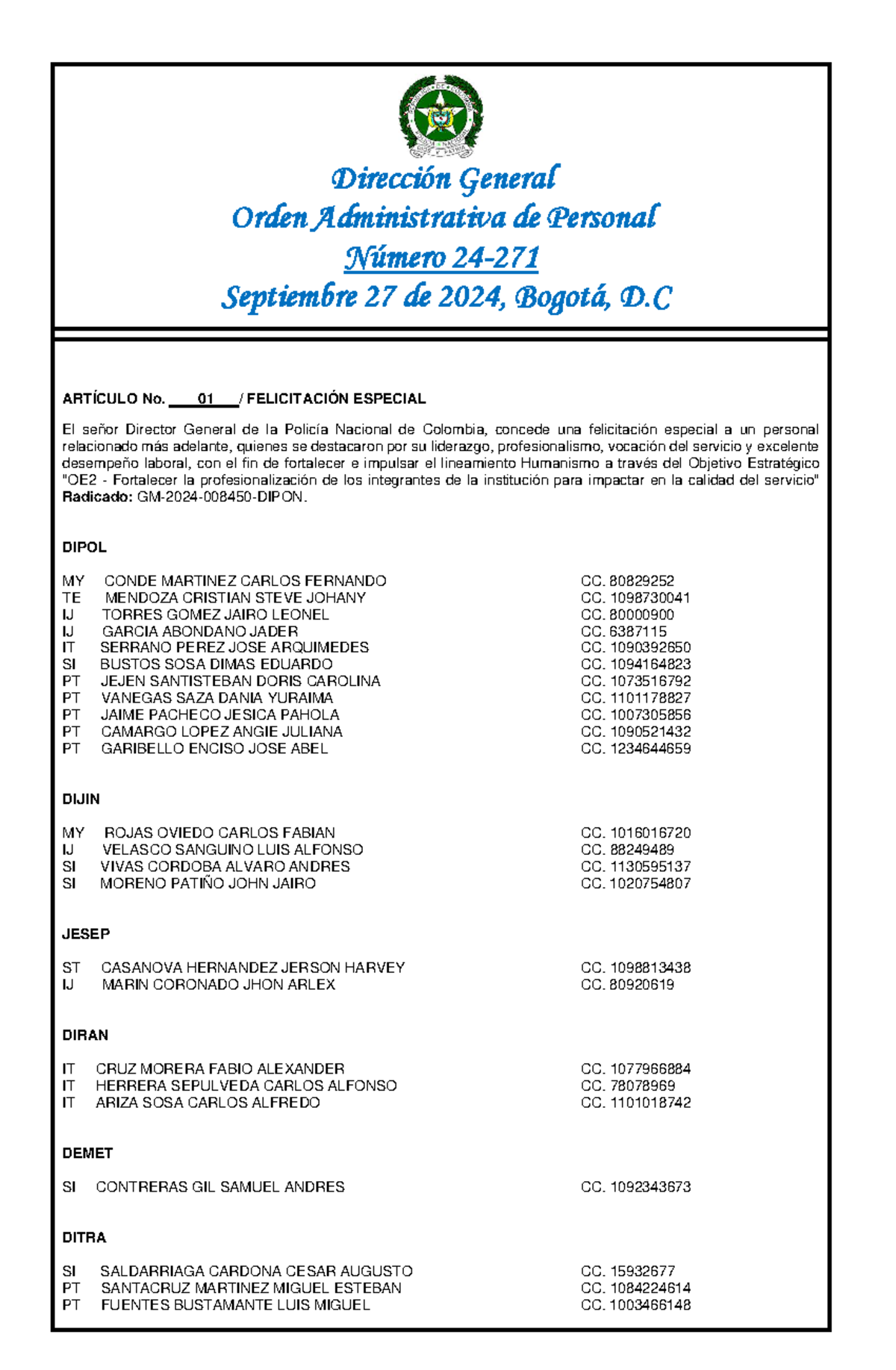 OAP 24-271 - Orden Administrativa de Personal, Septiembre 2024 - Studocu