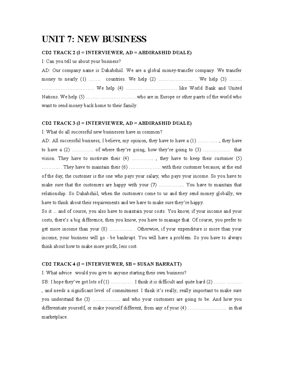 UNIT 7 tapescripts - Summary Tiếng Anh HP2 - UNIT 7: NEW BUSINESS CD2 ...