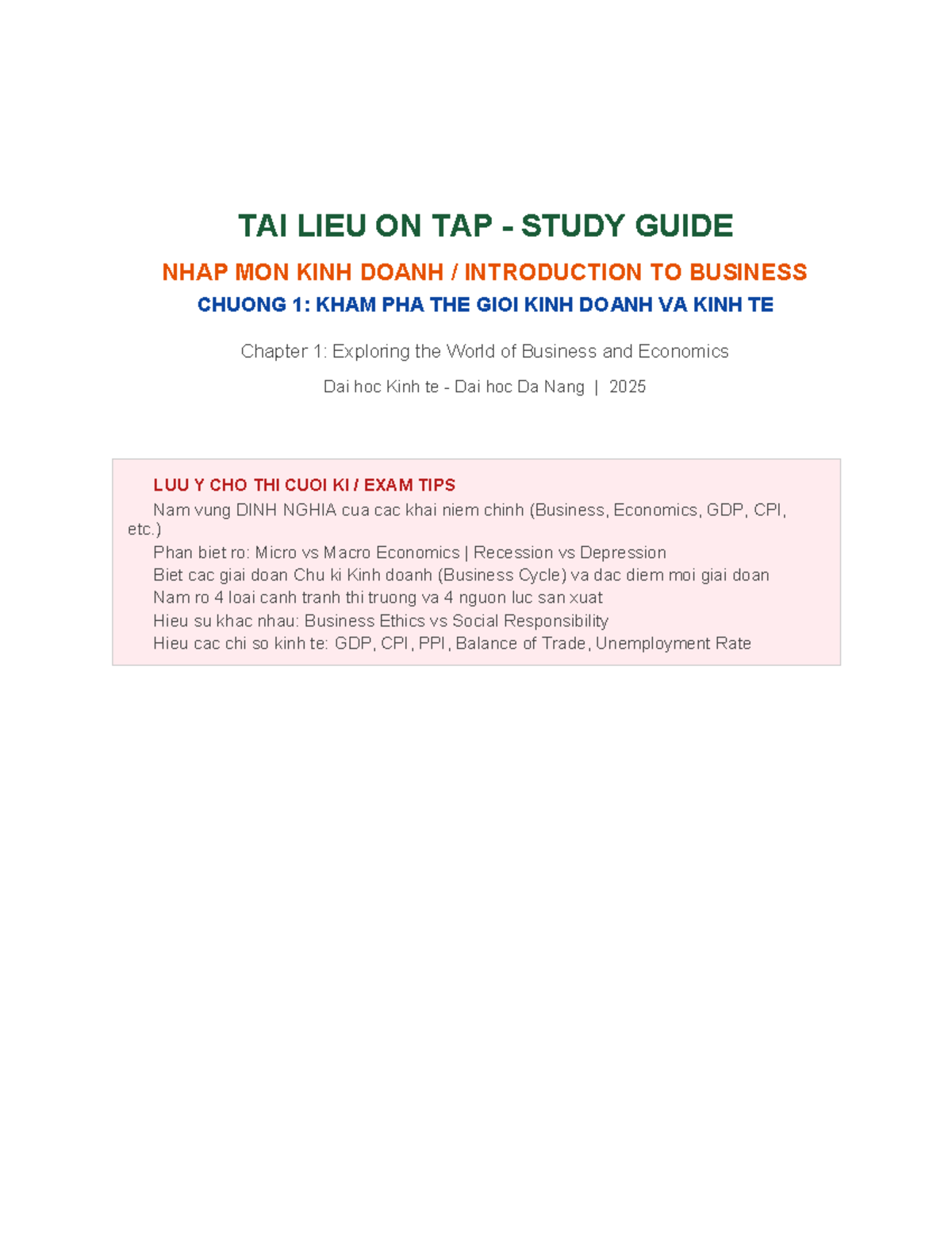 TAI LIEU ON TAP STUDY GUIDE NHAP MON KINH DOANH CHUONG 1: KINH DOANH VA ...