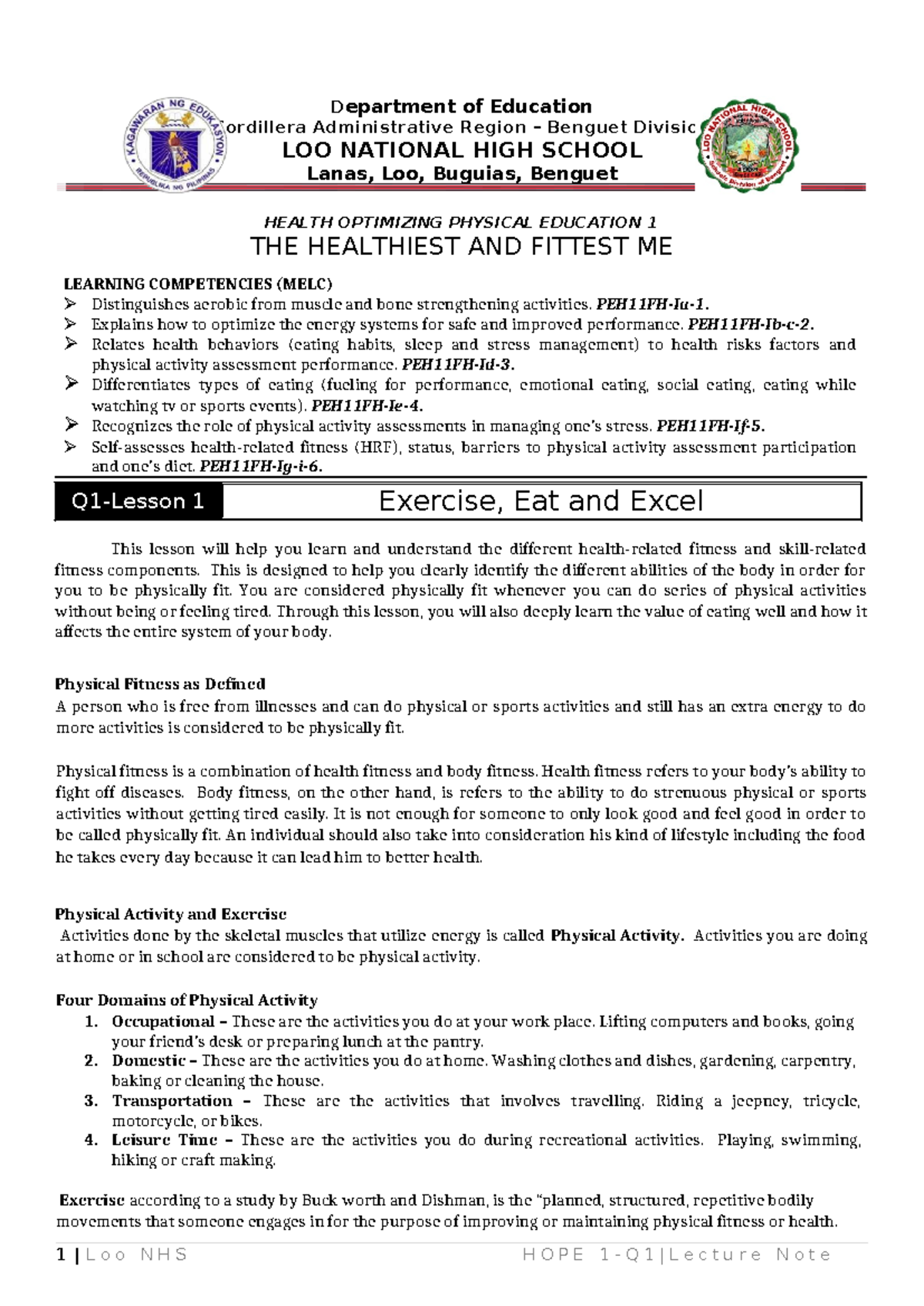 PE 11Q1 Lesson 1: Health Optimizing Physical Education Overview - Studocu