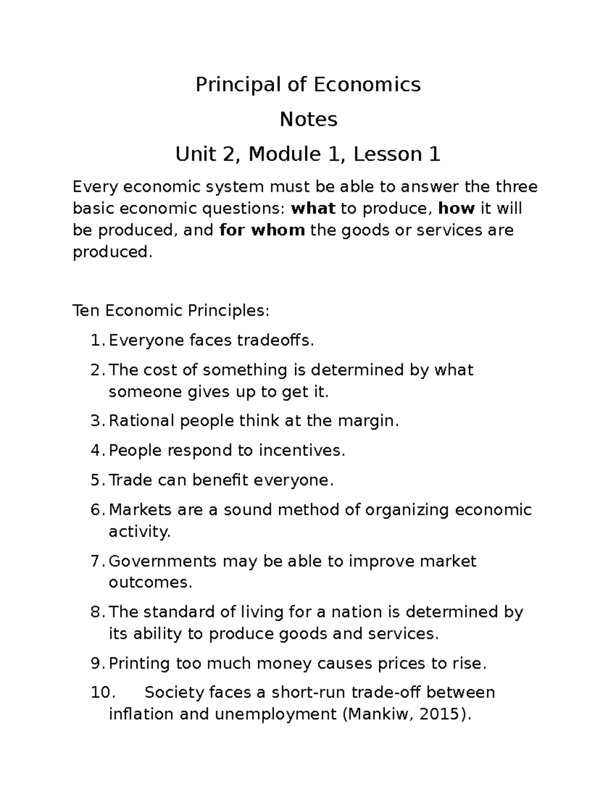 Principles of Economics Notes: Unit 2, Module 1 Lessons Overview - Studocu