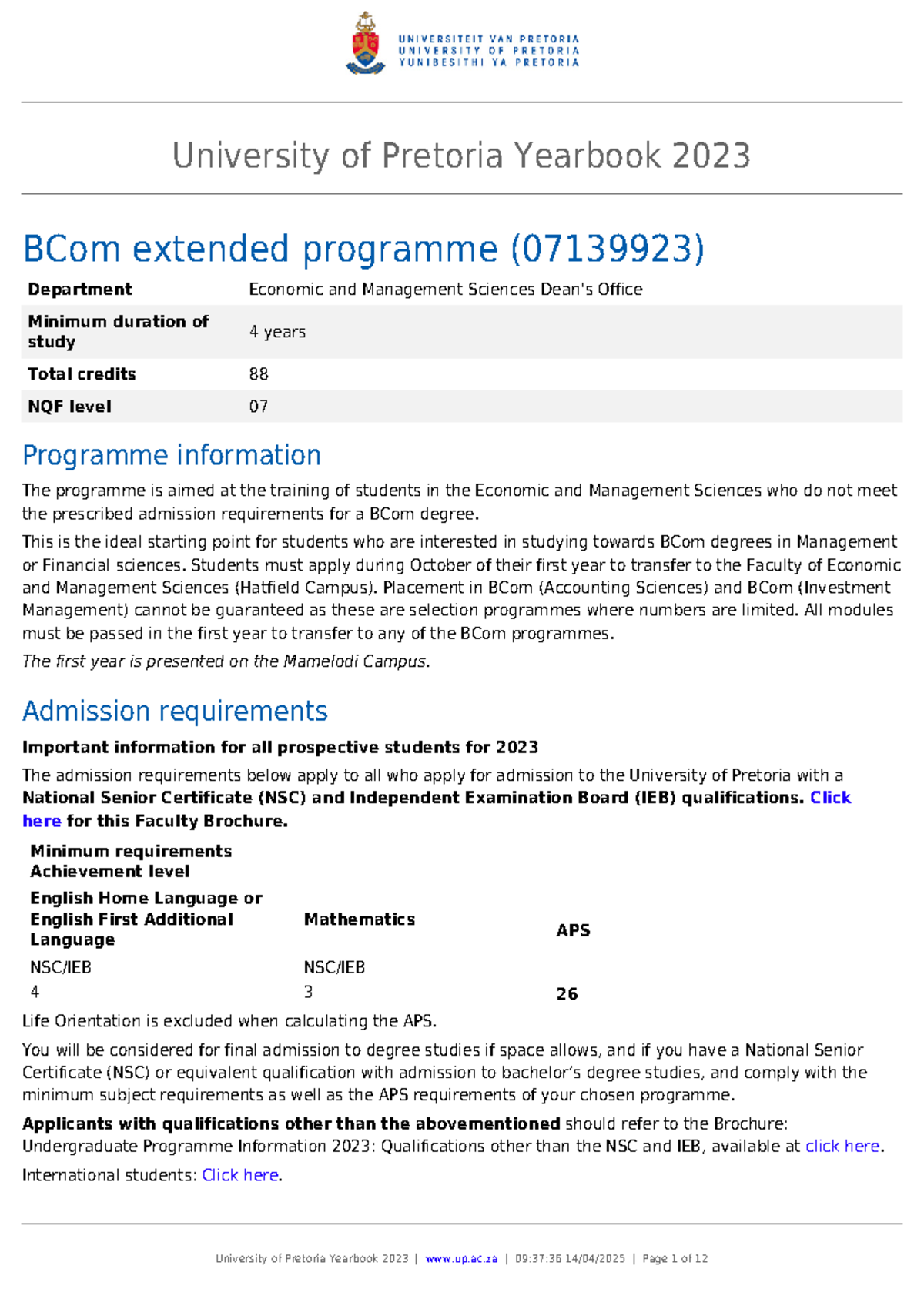 BCom Extended Programme Overview - 07139923 for 2023 - Studocu