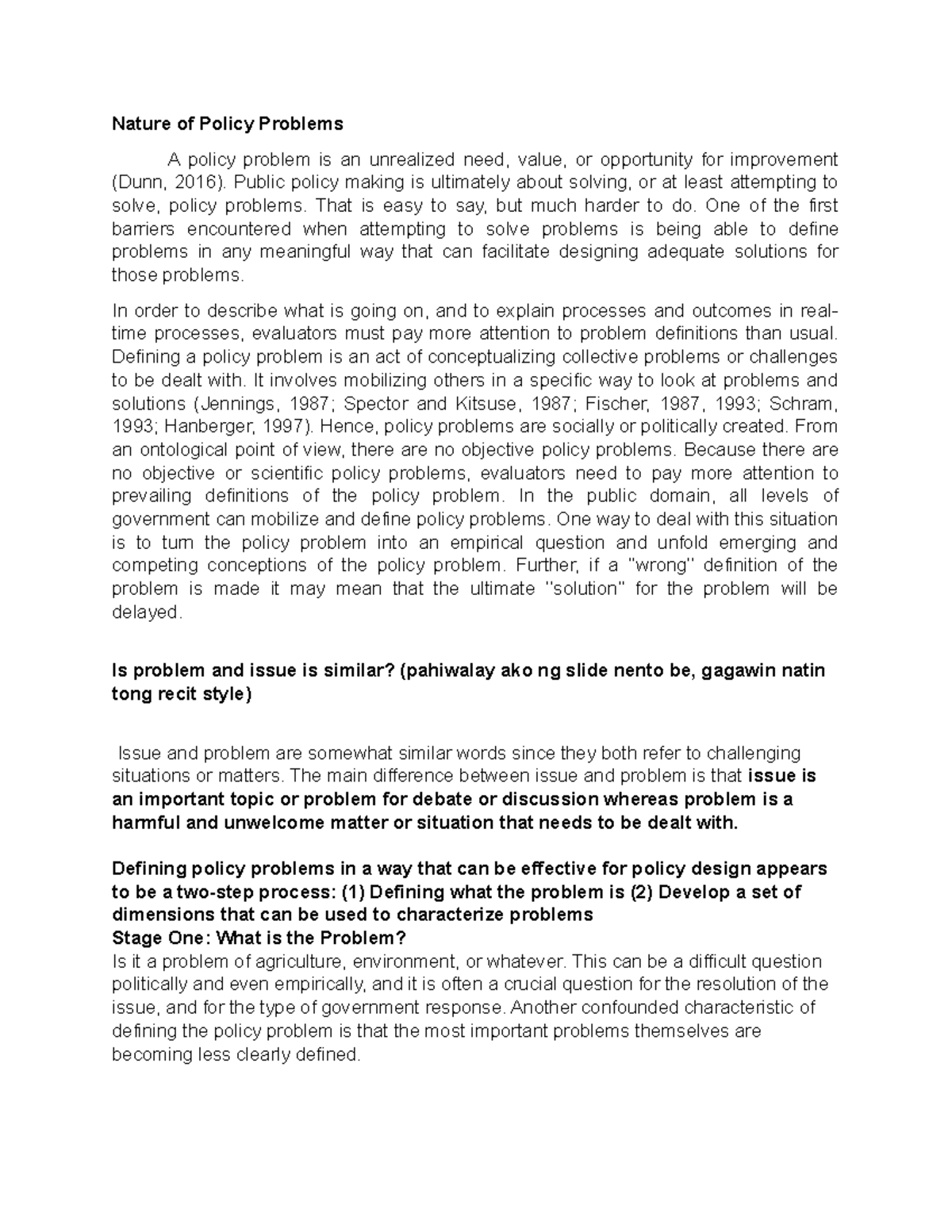 Understanding and Defining Policy Problems: Key Characteristics and ...