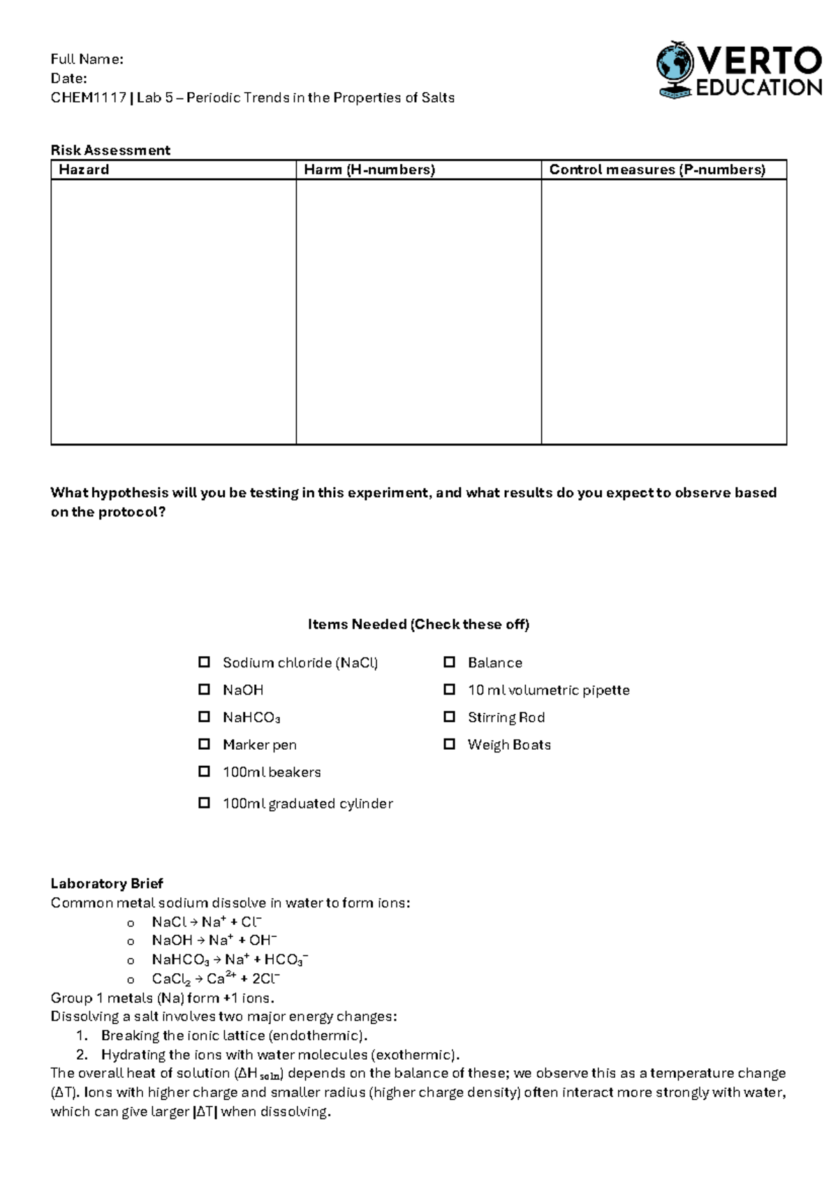 CHEM1117 Lab 5: Periodic Trends in Salt Properties and Risk Assessment ...