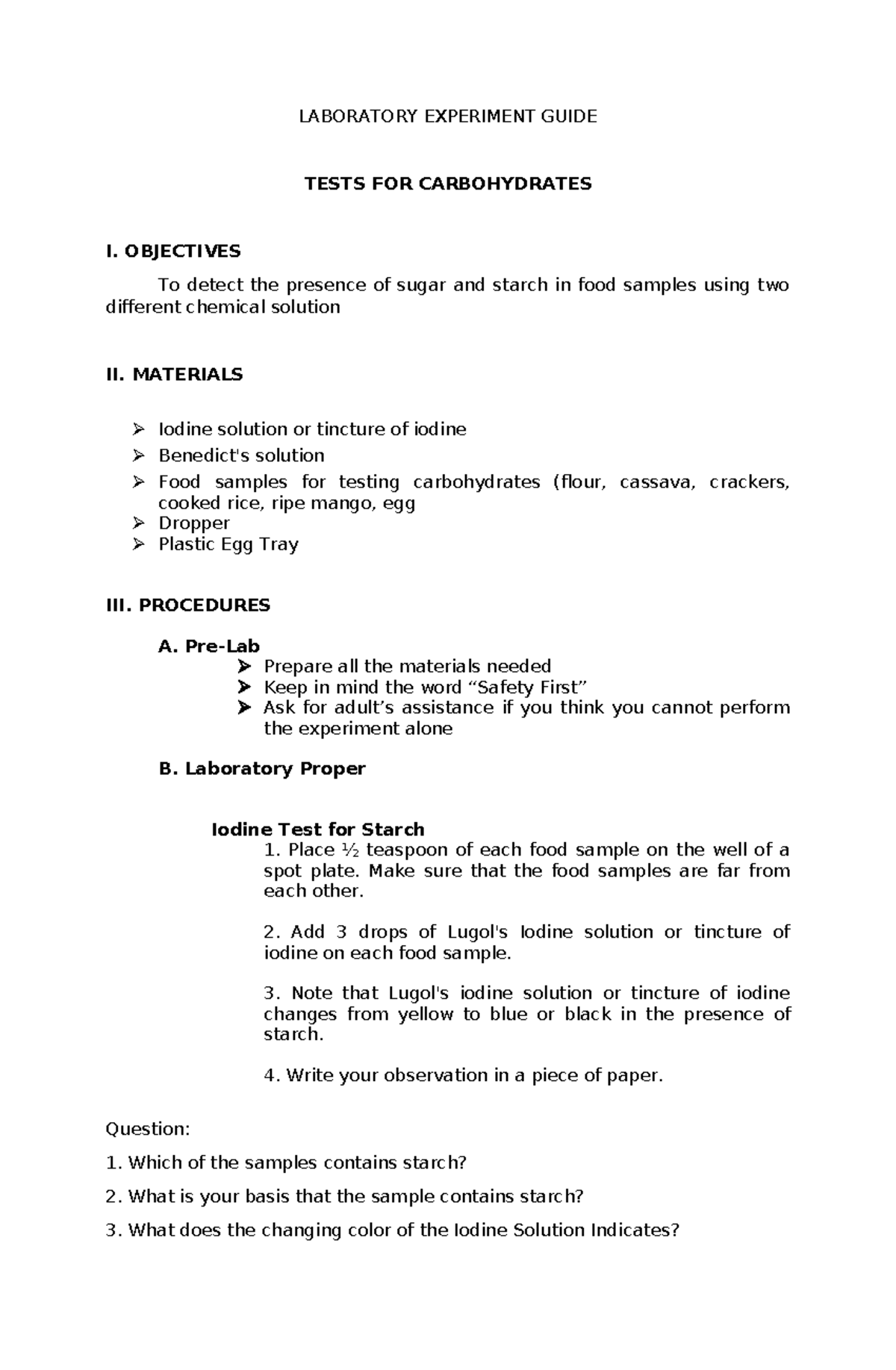 LABORATORY EXPERIMENT GUIDE: TESTING FOR CARBOHYDRATES - Studocu