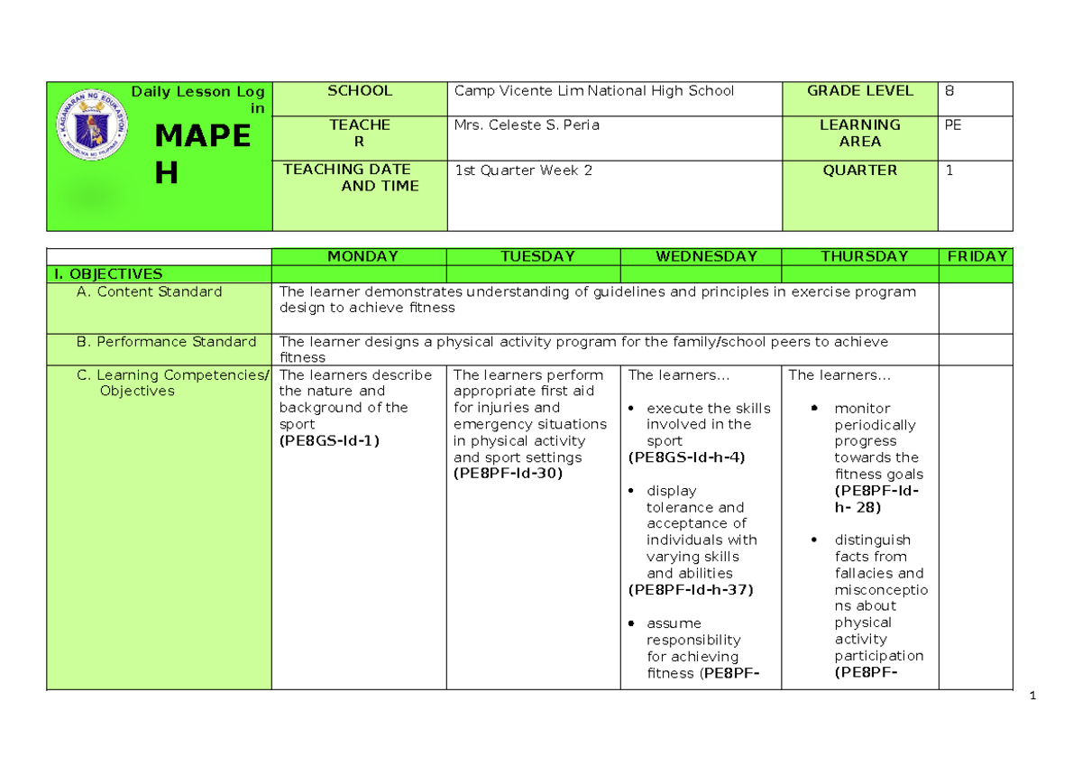 420623010 q1 Grade 8 Pe Dll Week 2 CTTO - Daily Lesson Log in MAPE H ...