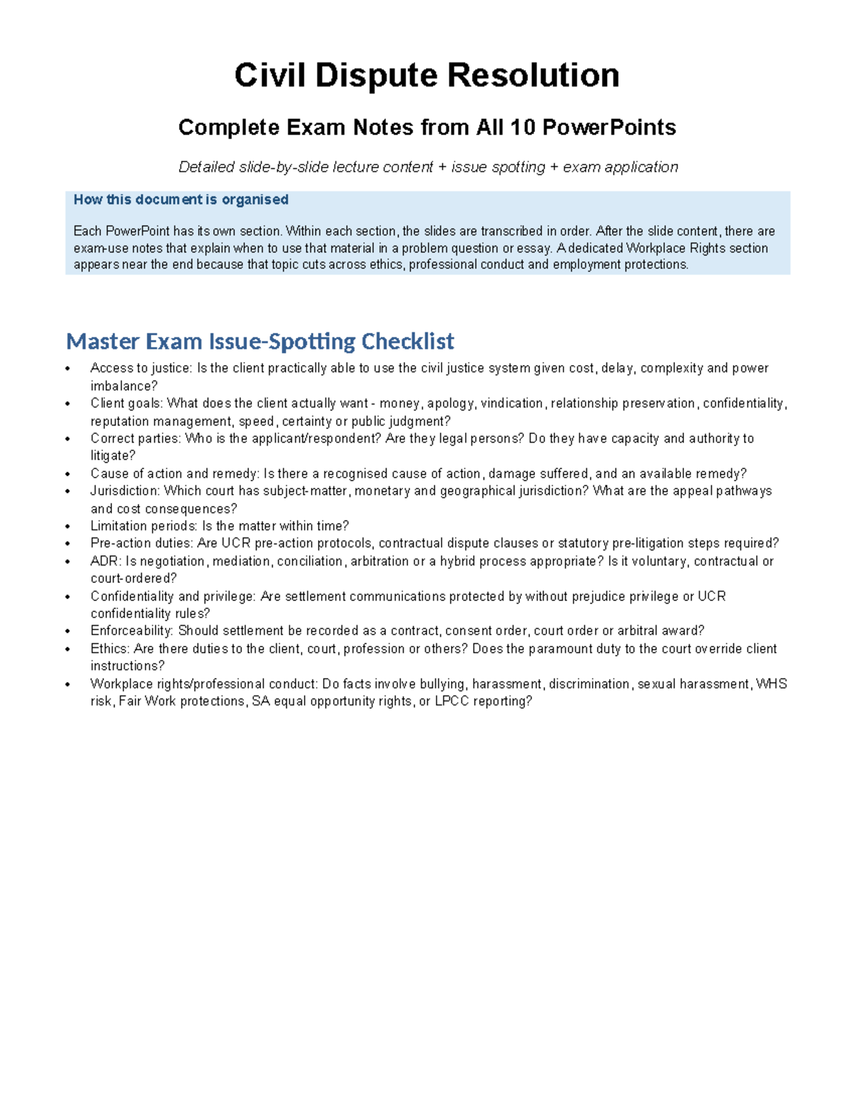 CDR Complete Exam Notes: Civil Dispute Resolution Overview and ...