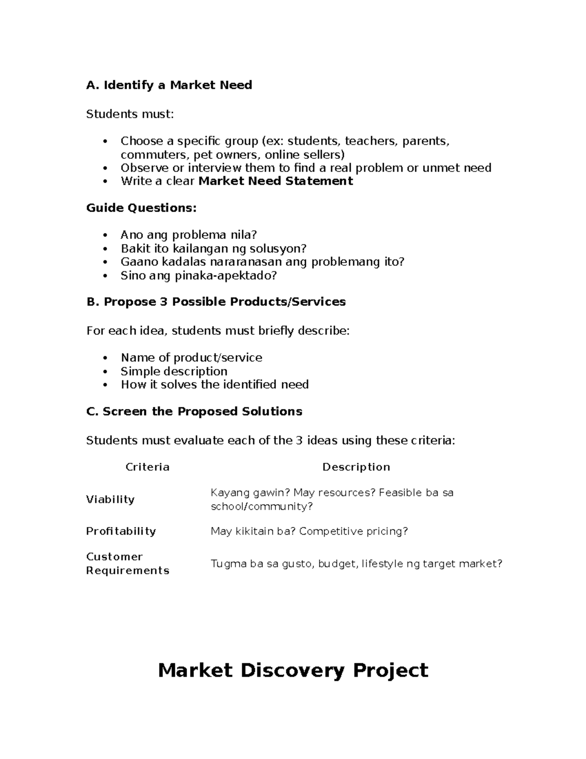 Market Discovery Project Template: Identifying Needs & Solutions - Studocu