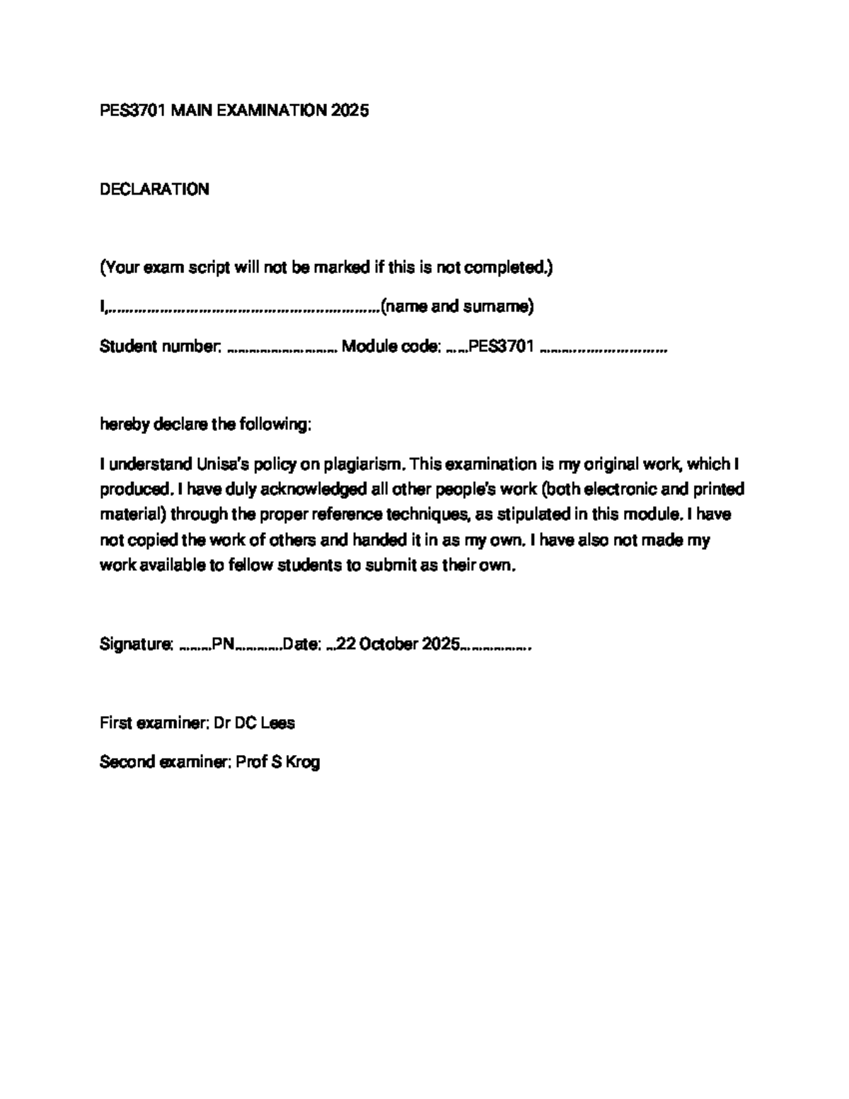 PES3701 MAIN EXAMINATION 2025 DECLARATION FORM - Studocu