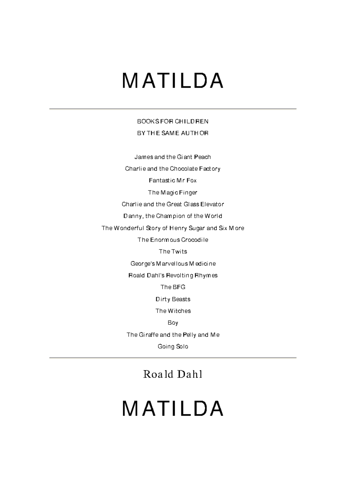 MATILDA BY ROALD DAHL: A CLASSIC CHILDREN'S NOVEL - Studocu