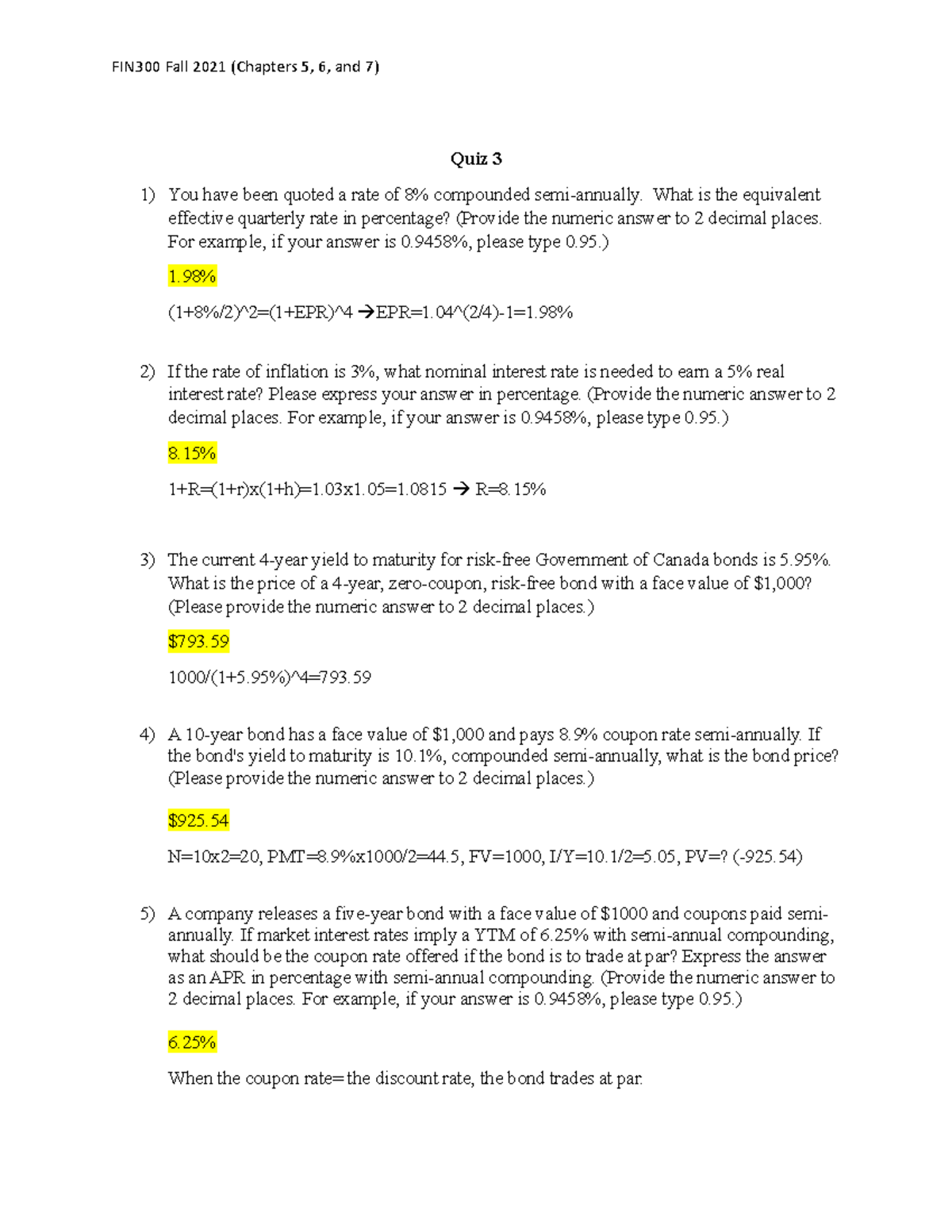 FIN 300 Quiz 3 Answers for Chapters 5, 6, and 7 (Fall 2021) - Studocu