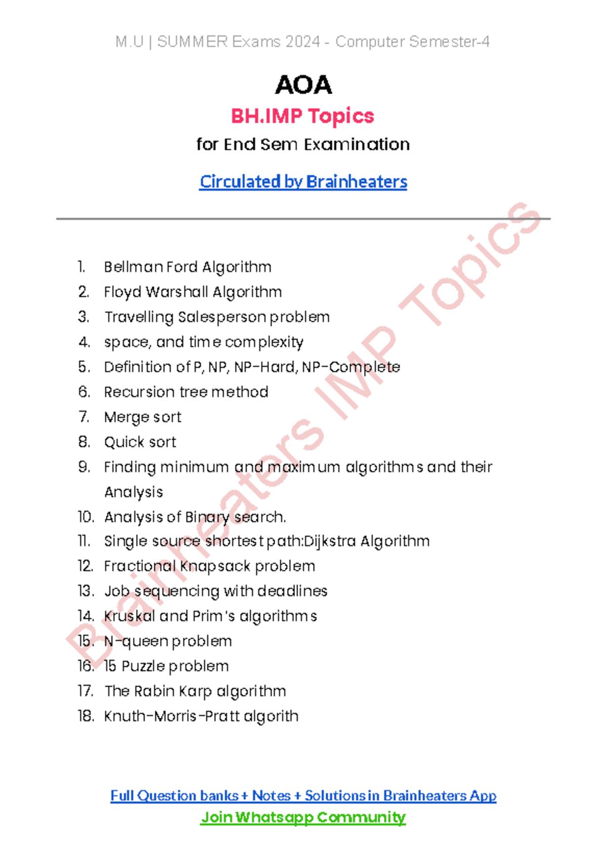 AOA Comps Sem4 IMP Topics - Brainheaters IMP Topics M | SUMMER Exams ...