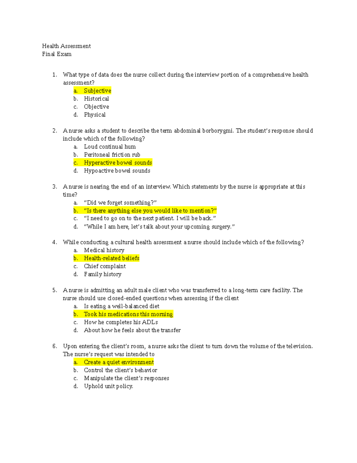 Health Assessment Fnl Exam Q&A for Course Code NUR 101 - Studocu