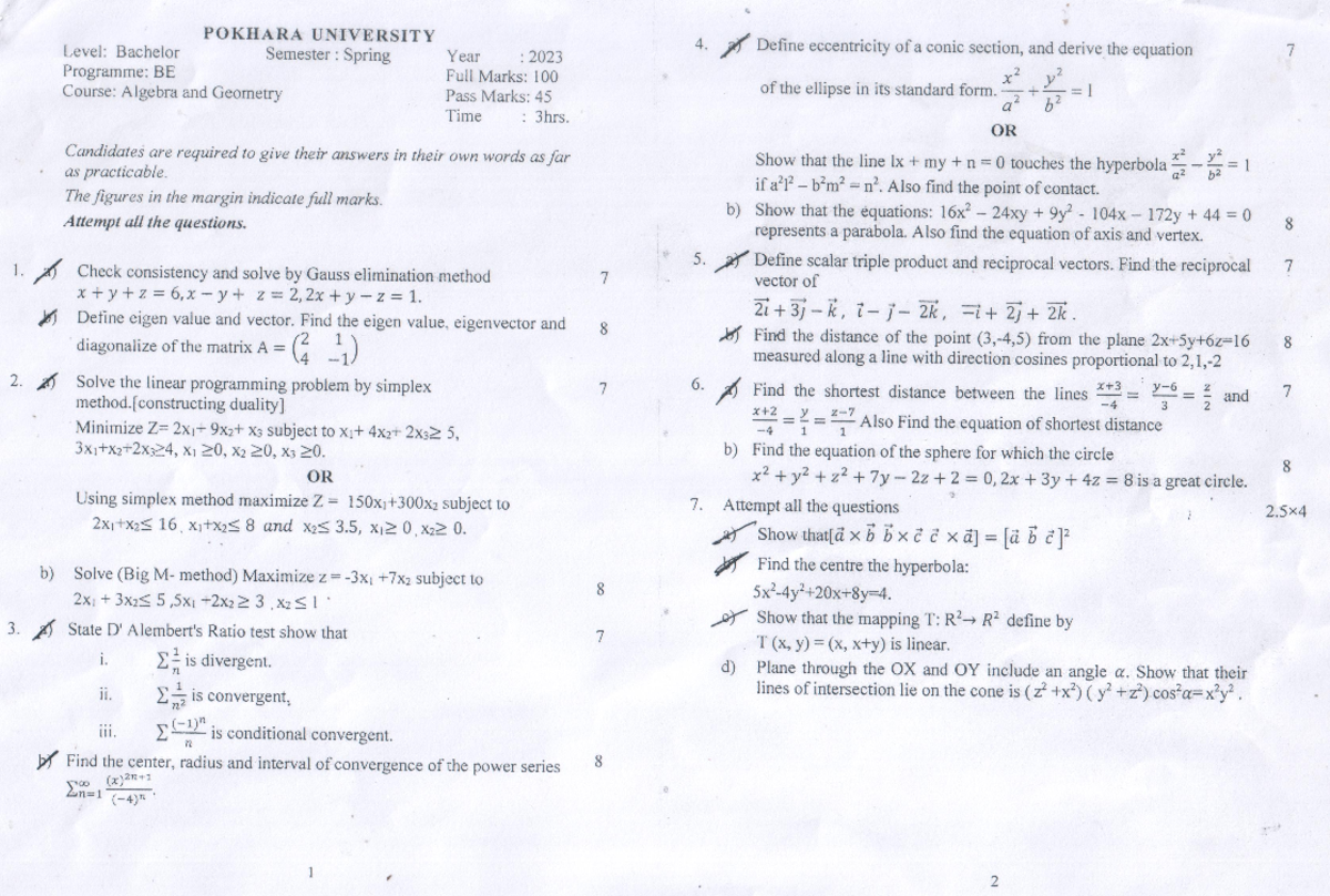 AG-23Spring - Past Year Question Paper for Algebra & Geometry - Studocu
