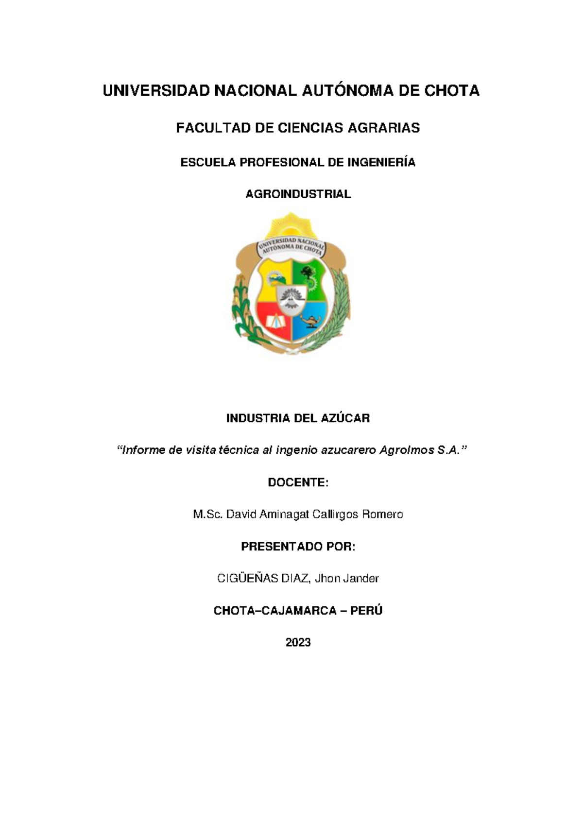 Informe de Visita Técnica al Ingenio Azucarero Agrolmos S.A. - 2023 - Document Preview