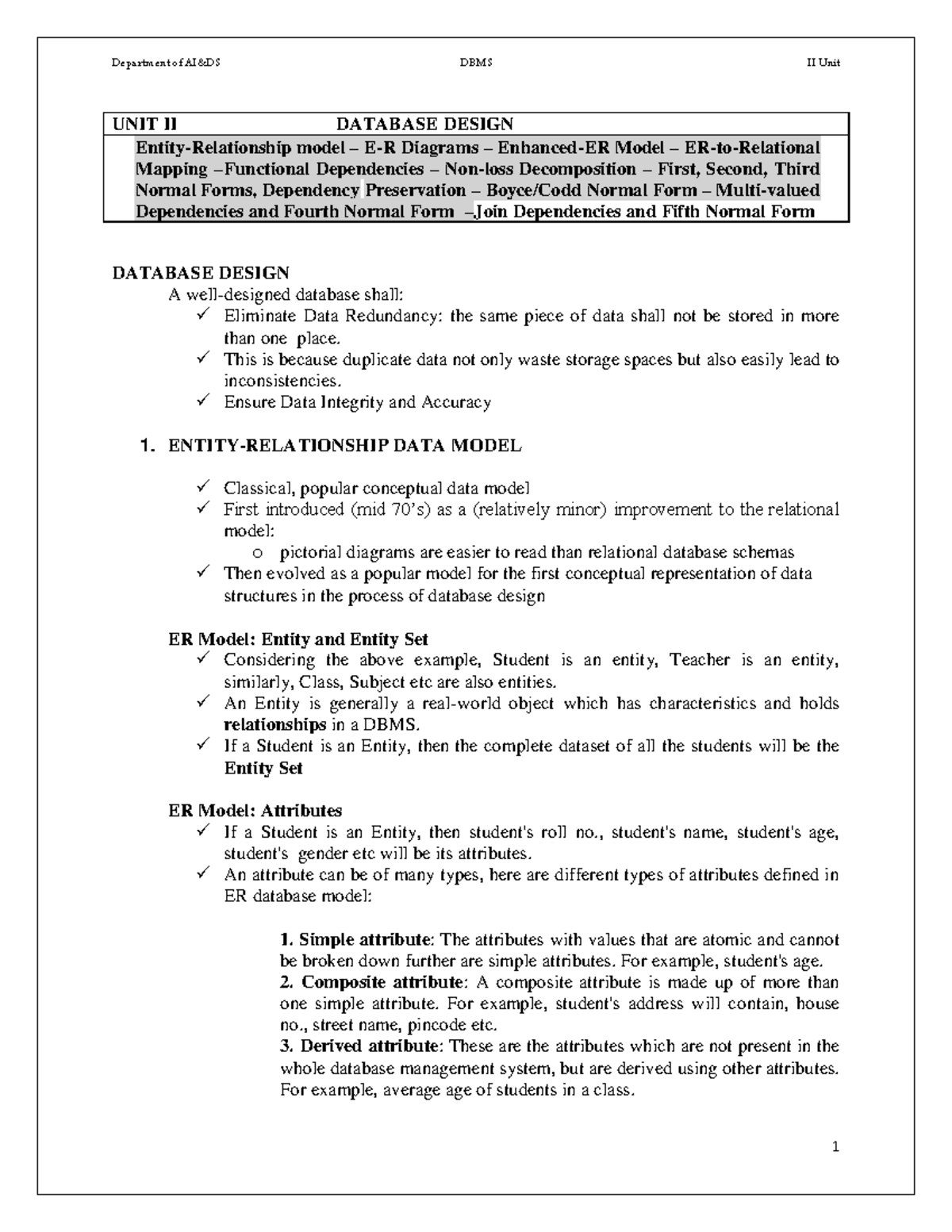 DBMS II UNIT II: Database Design, ER Models & Normal Forms Notes - Studocu
