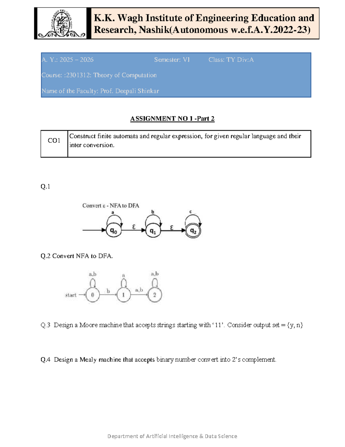 Theory of Computation Assignment 1 - K.K. Wagh Institute (2301312 ...