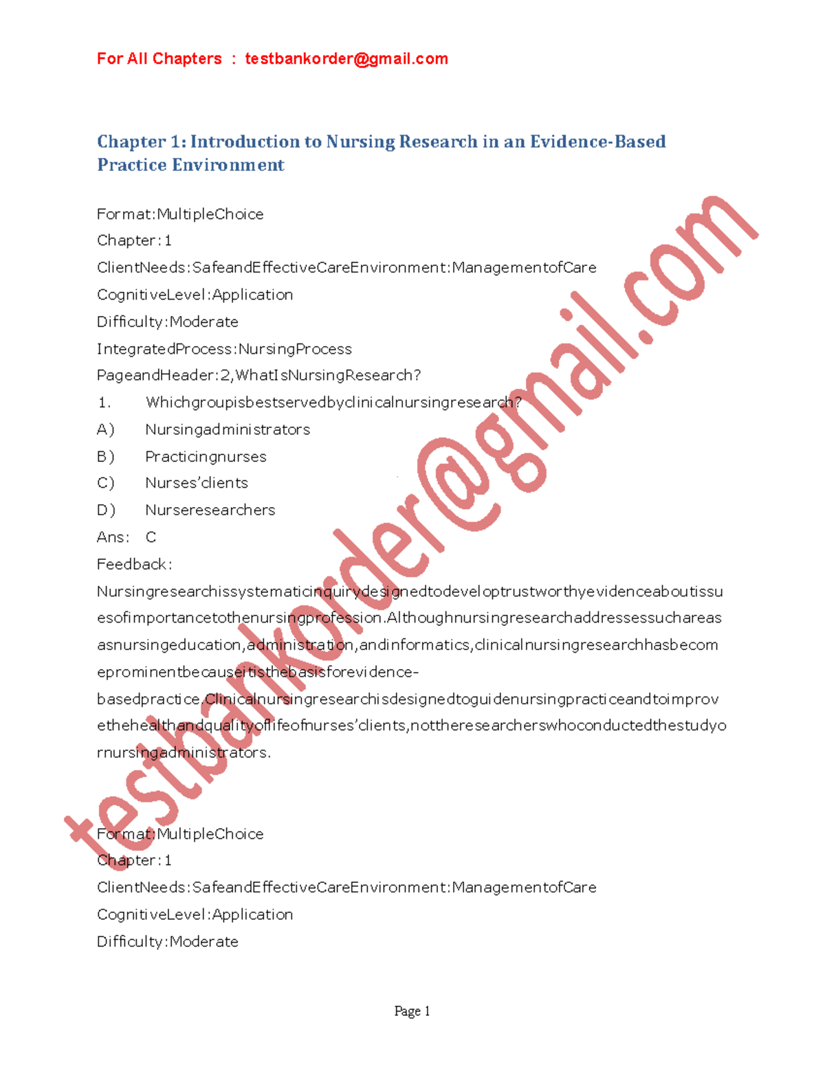 Test Bank & Solutions for Nursing Research (11th Ed.) by Denise Polit ...