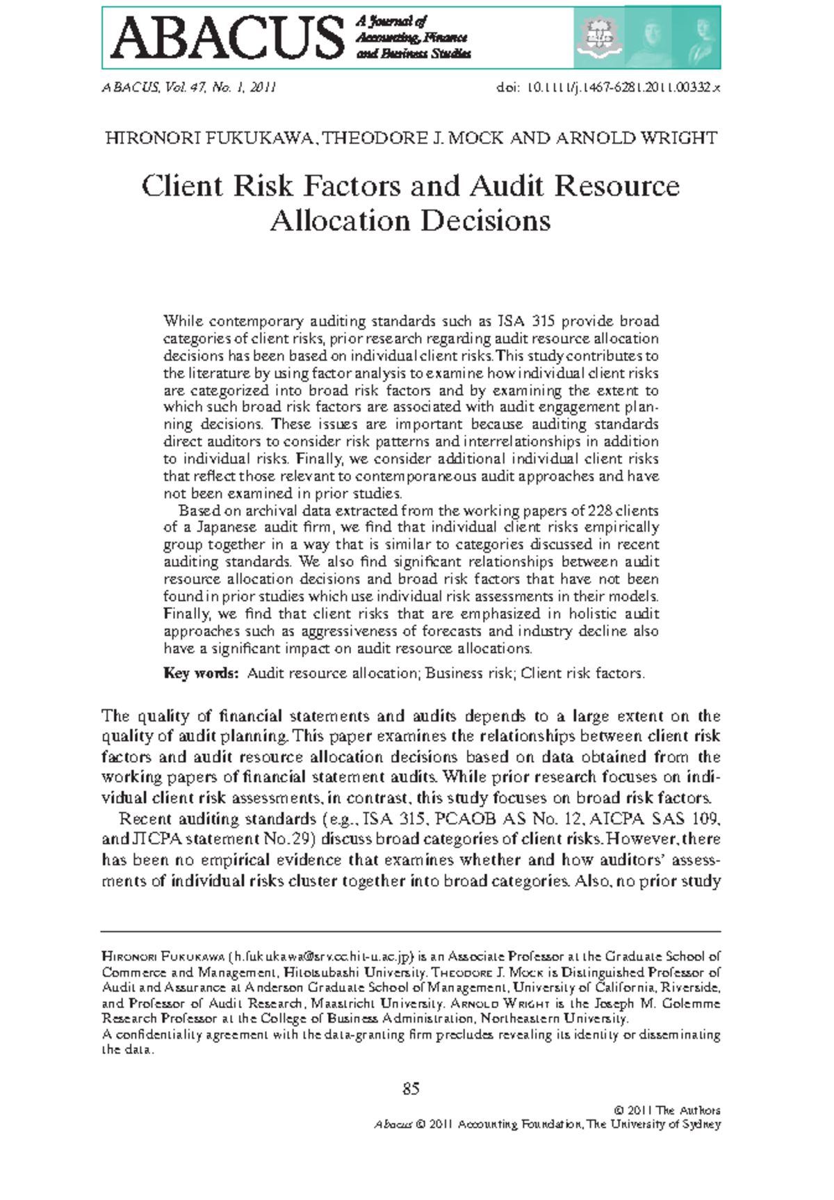 Client Risk Factors and Audit Resource Allocation Decisions (ABAC_332 ...